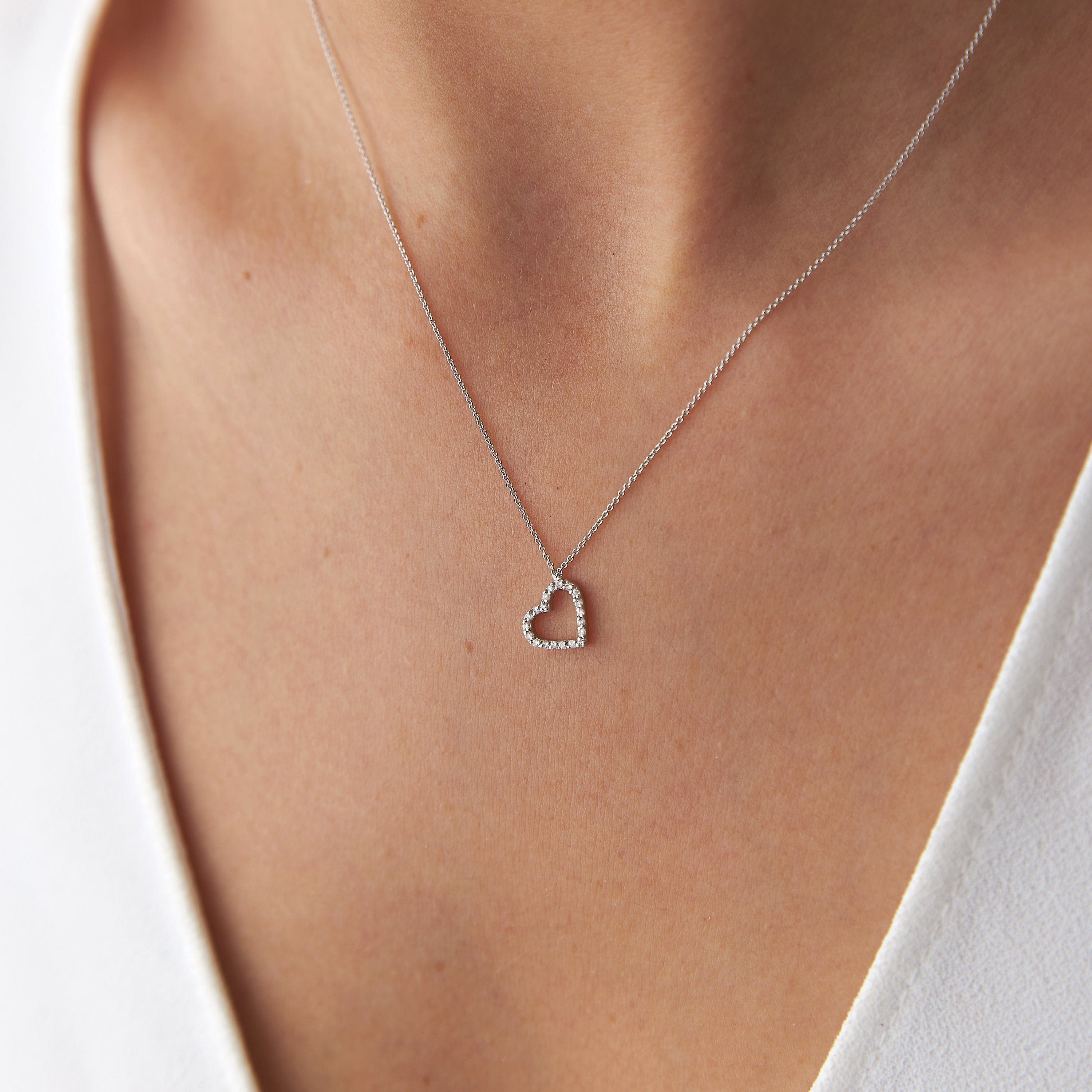 Tiny Diamond Open Heart Necklace in 18K Gold