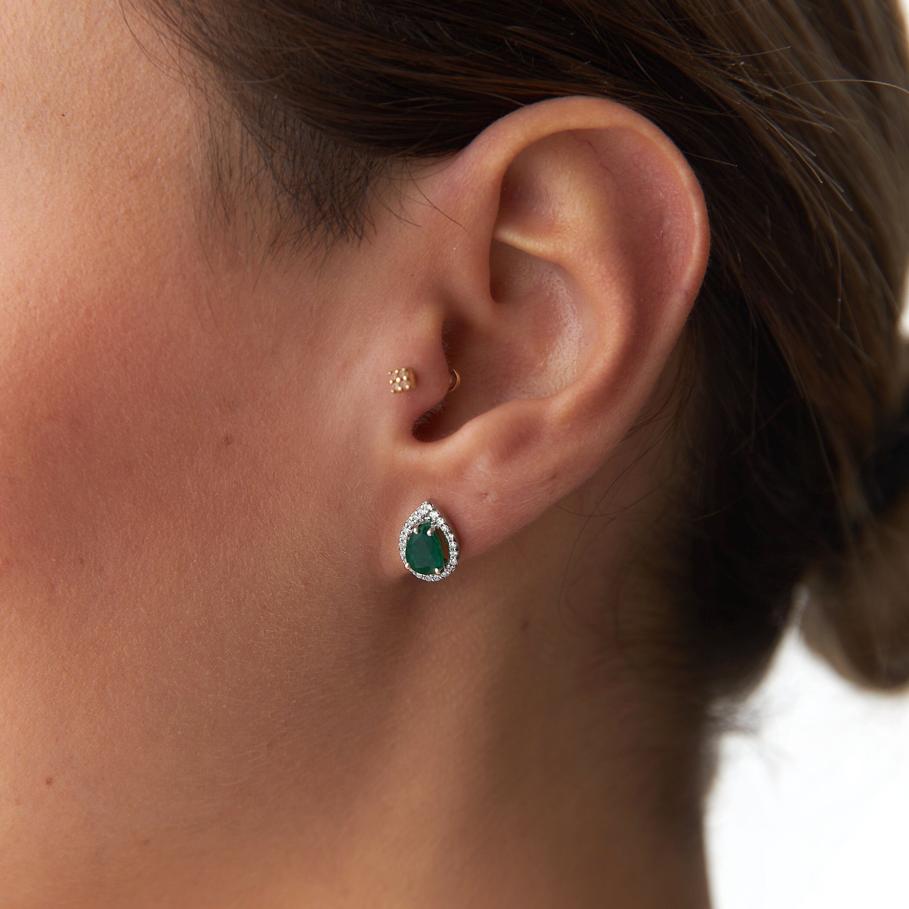 Large Pear Cut Emerald and Diamond Earring in 14K Gold / Green Pair