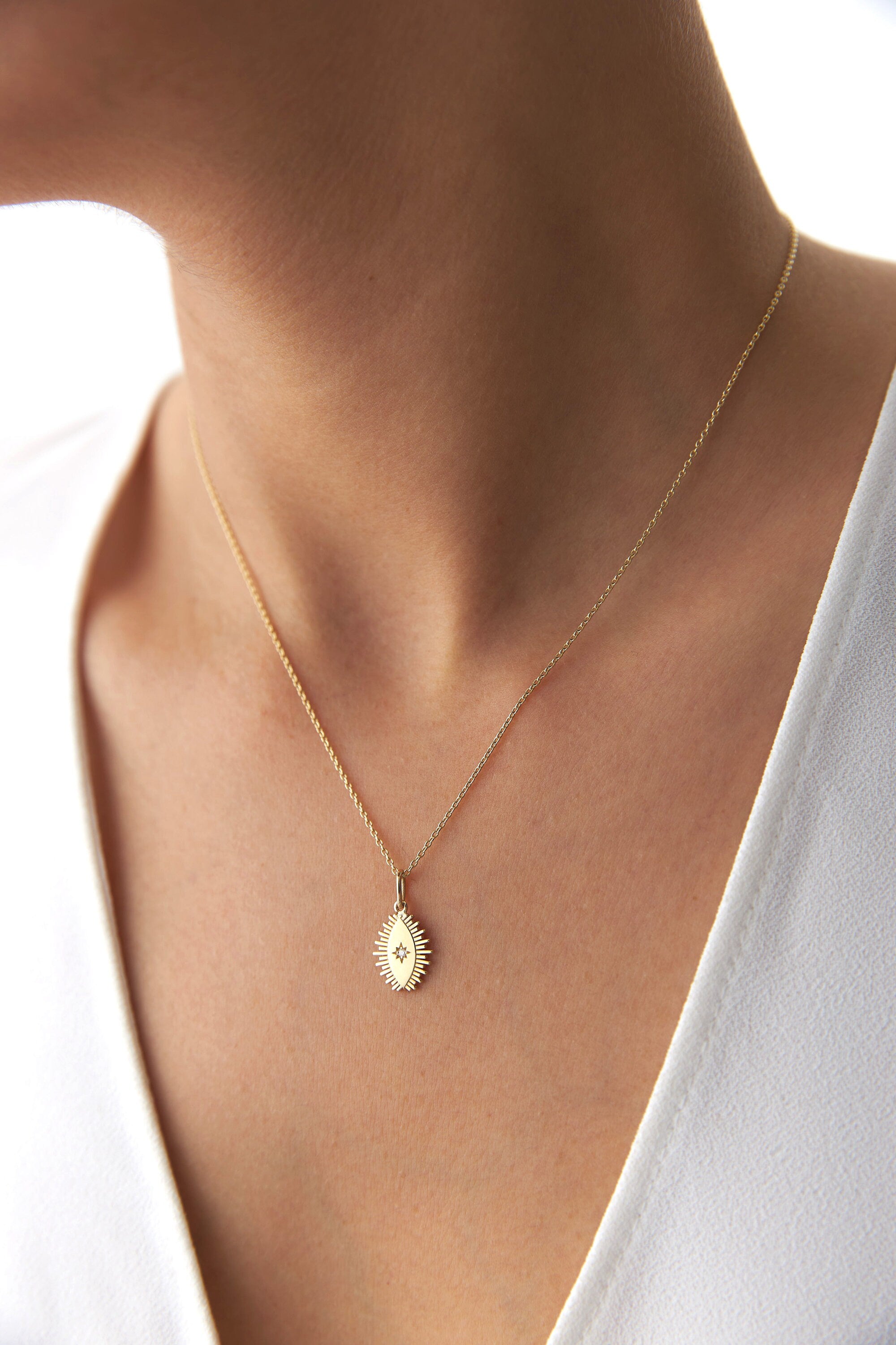 14K Gold Diamond Eclipse Pendant Necklace