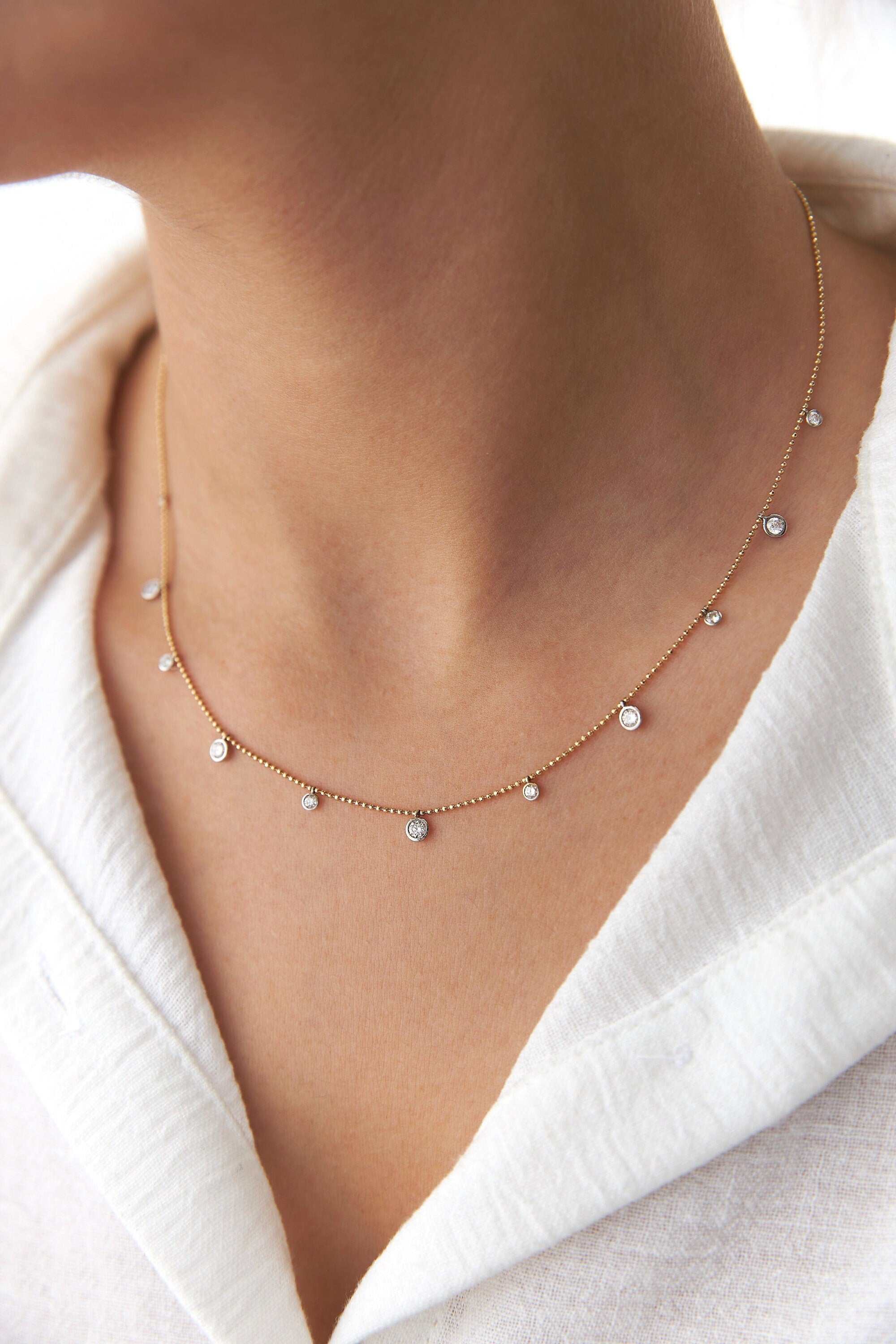 Diamond Ball Chain Station Necklace in 14K Gold