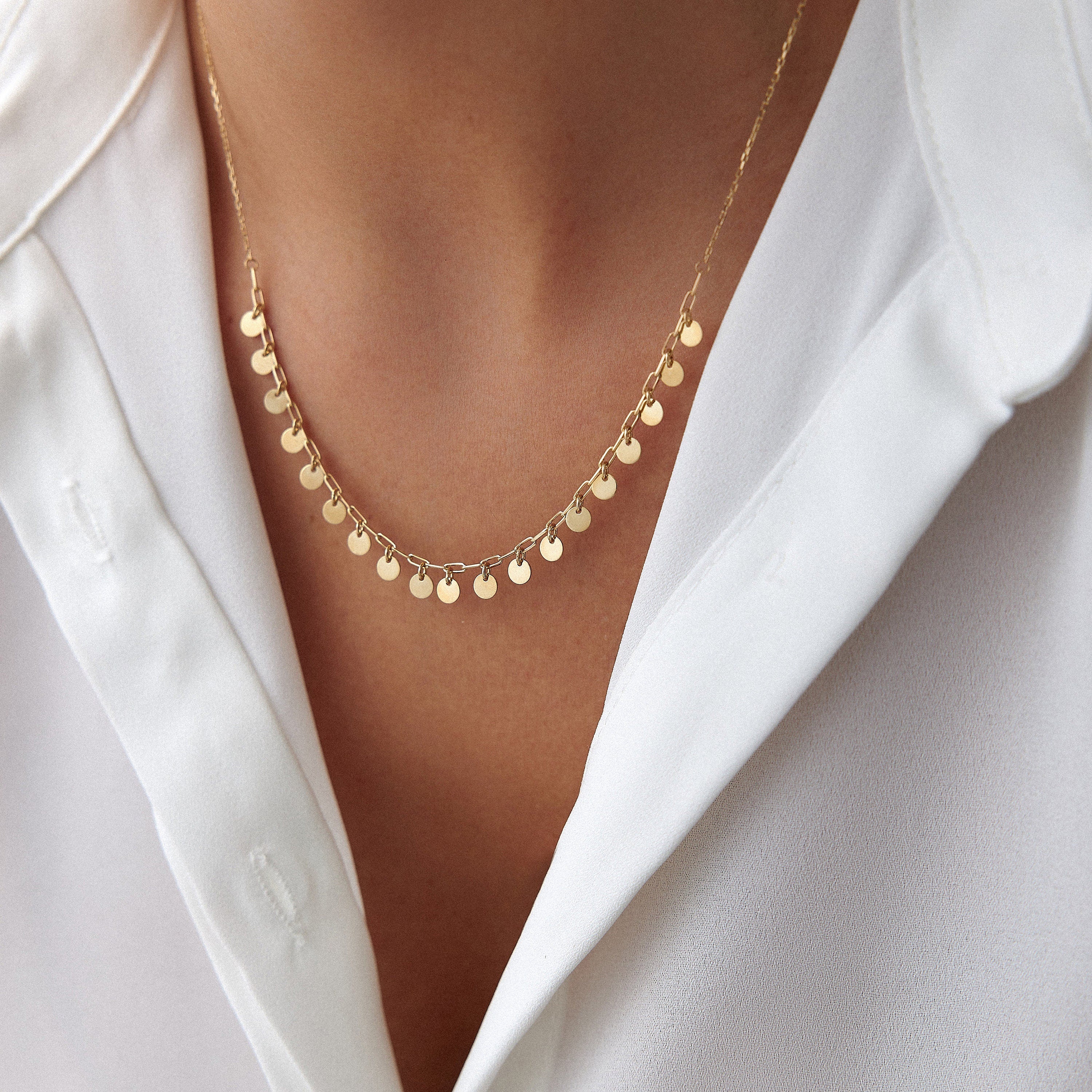 Dangling Disc Station Necklace in 14K Gold