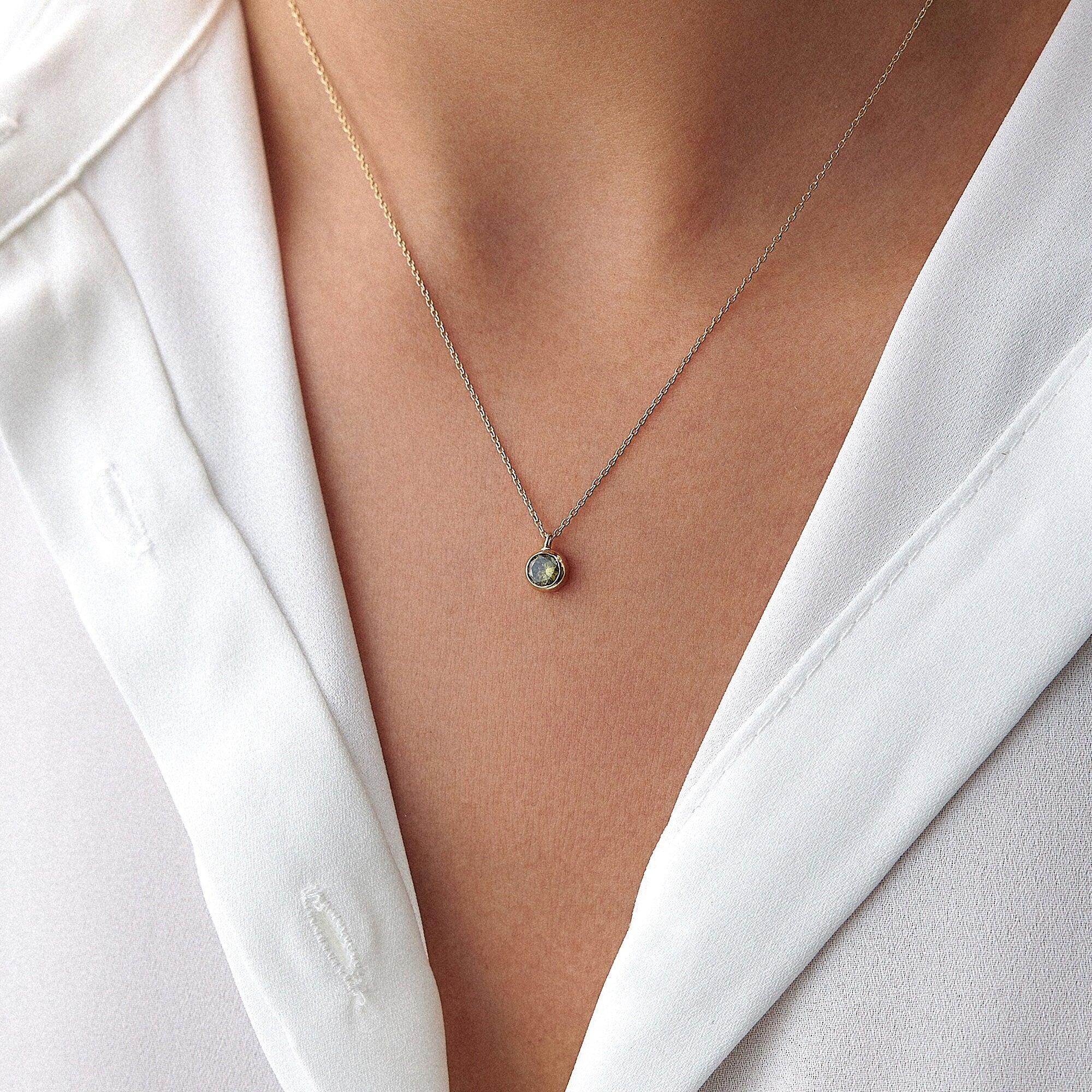 BEZEL SET PERIDOT NECKLACE AVAILABLE IN 14K AND 18K GOLD, AUGUST BIRTHSTONE NECKLACE