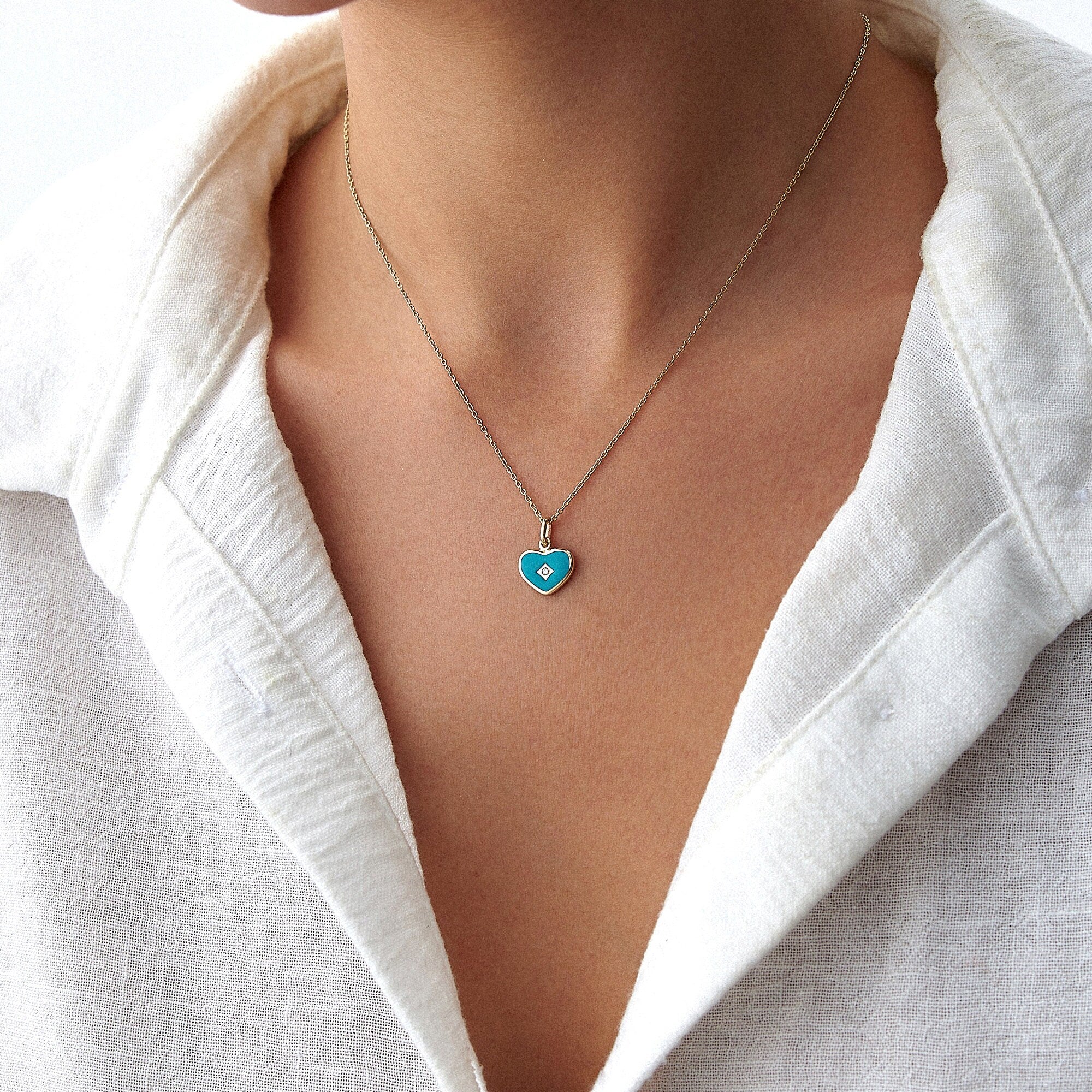Mini Diamond Ocean Blue Heart Necklace in 14K Gold