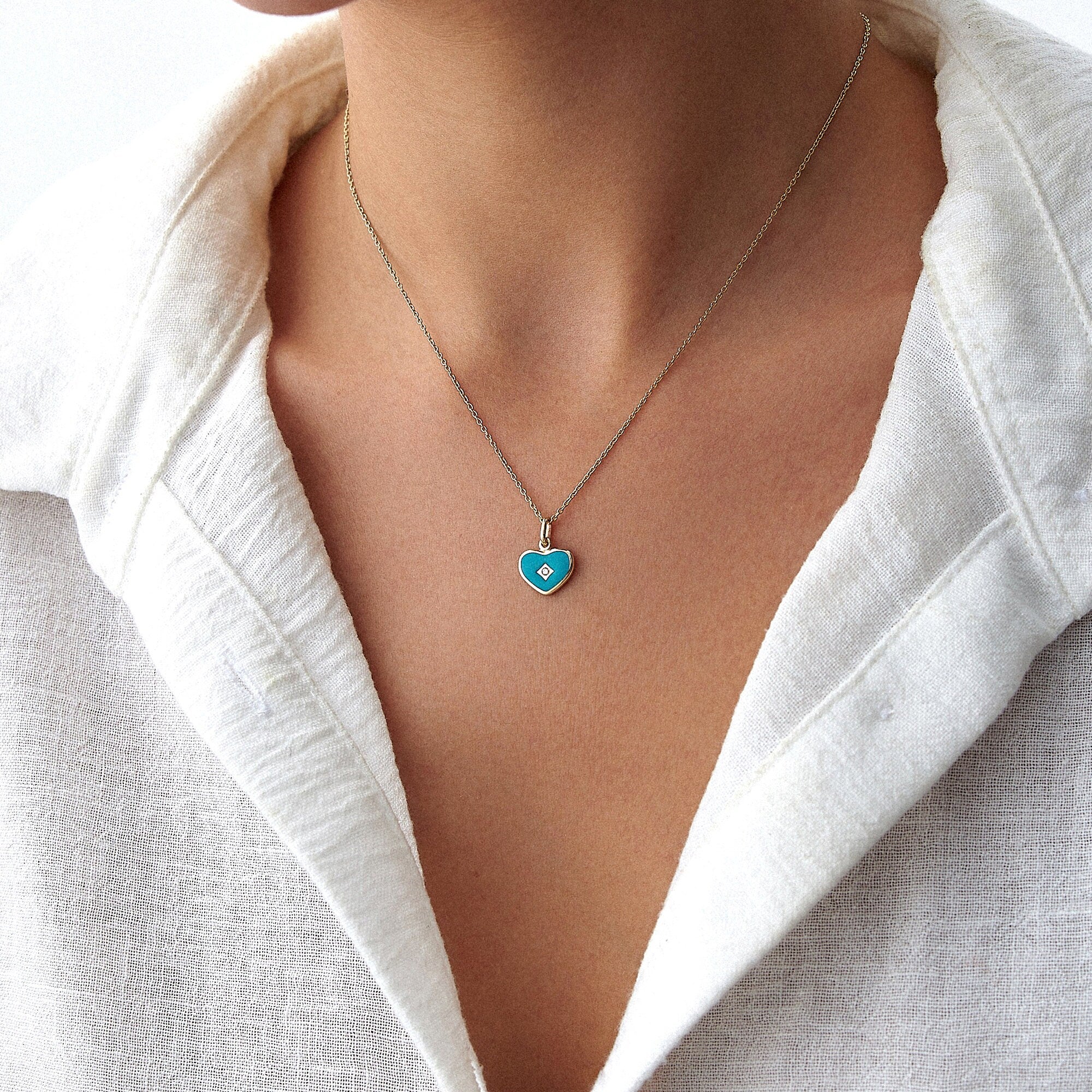 Diamond Ocean Blue Heart Pendant Necklace in 14K Gold