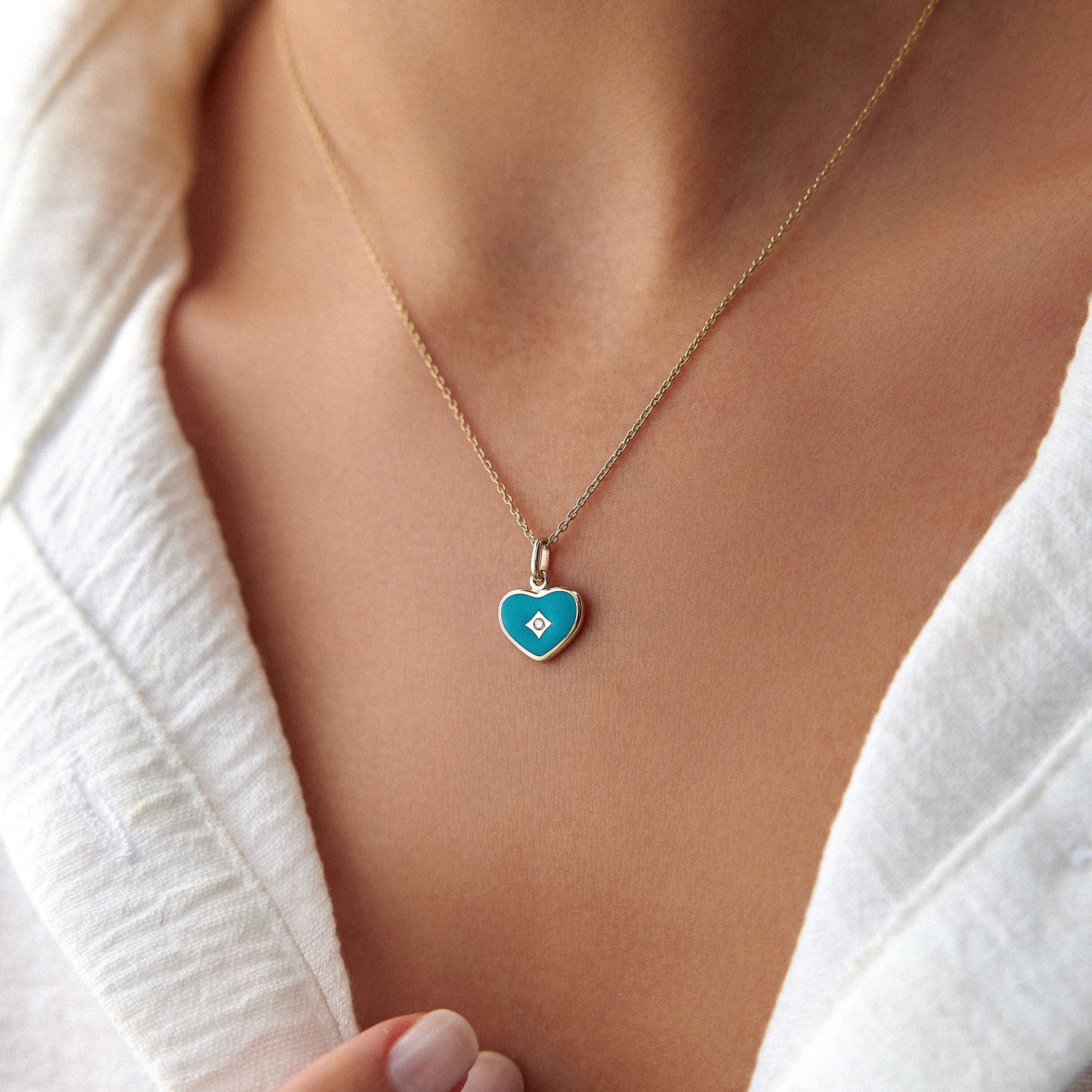 Mini Diamond Ocean Blue Heart Necklace in 14K Gold