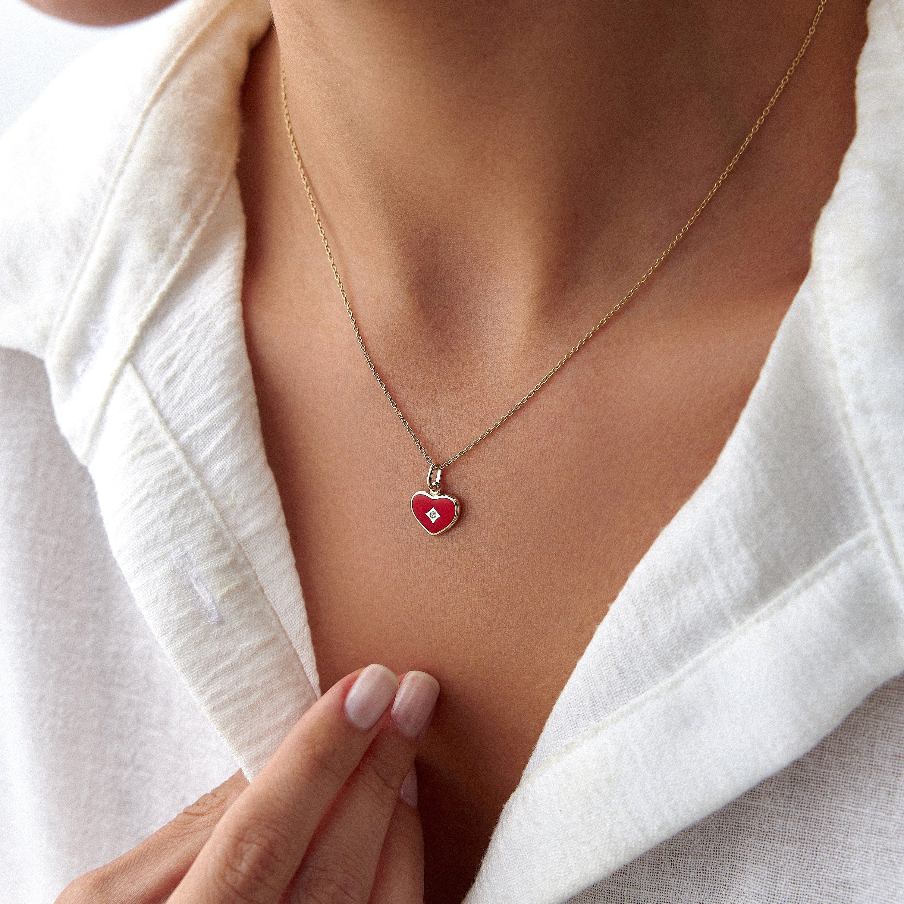 Tiny Diamond Red Enamel Heart Pendant Necklace in 14K Gold