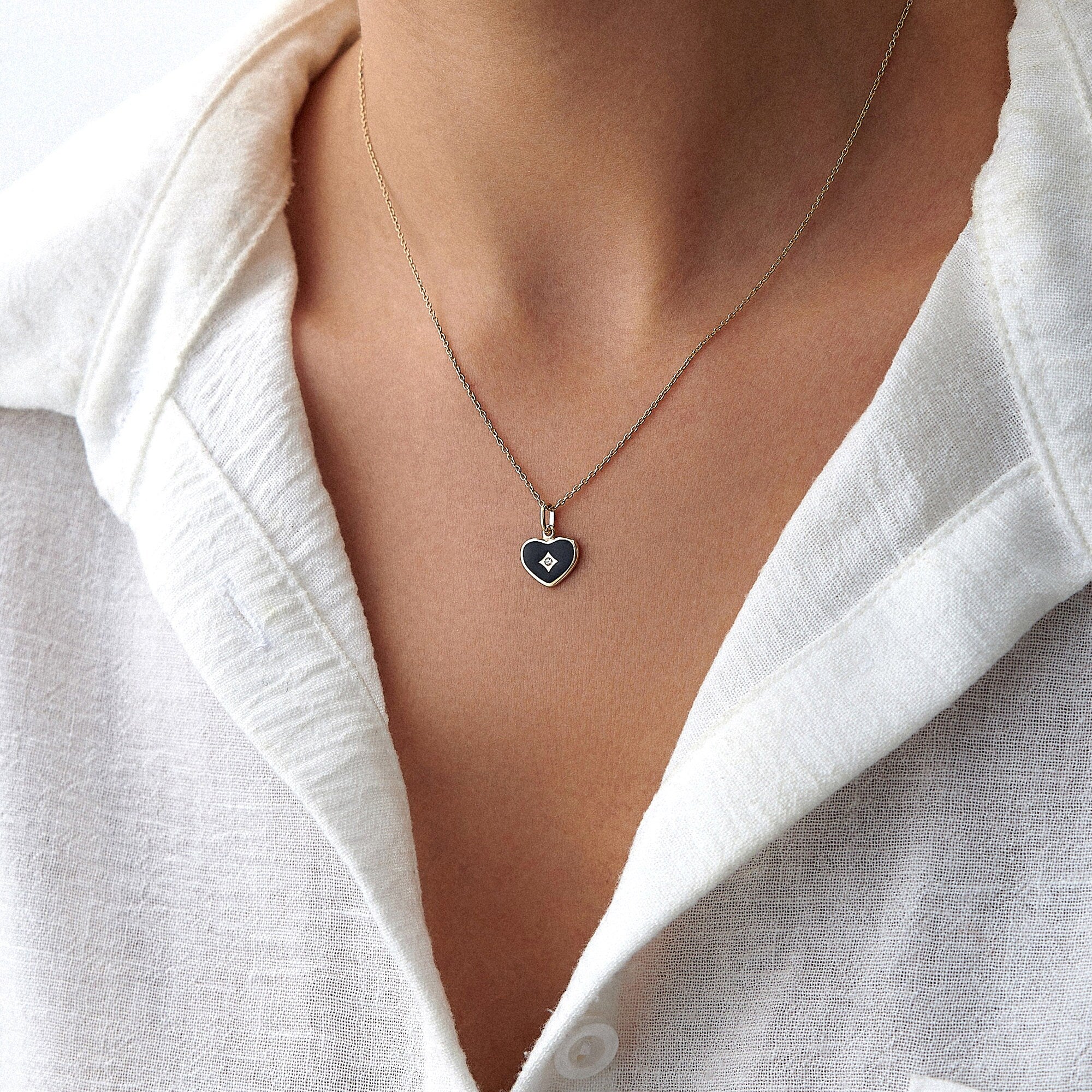 Mini Diamond Black Heart Necklace in 14K Gold