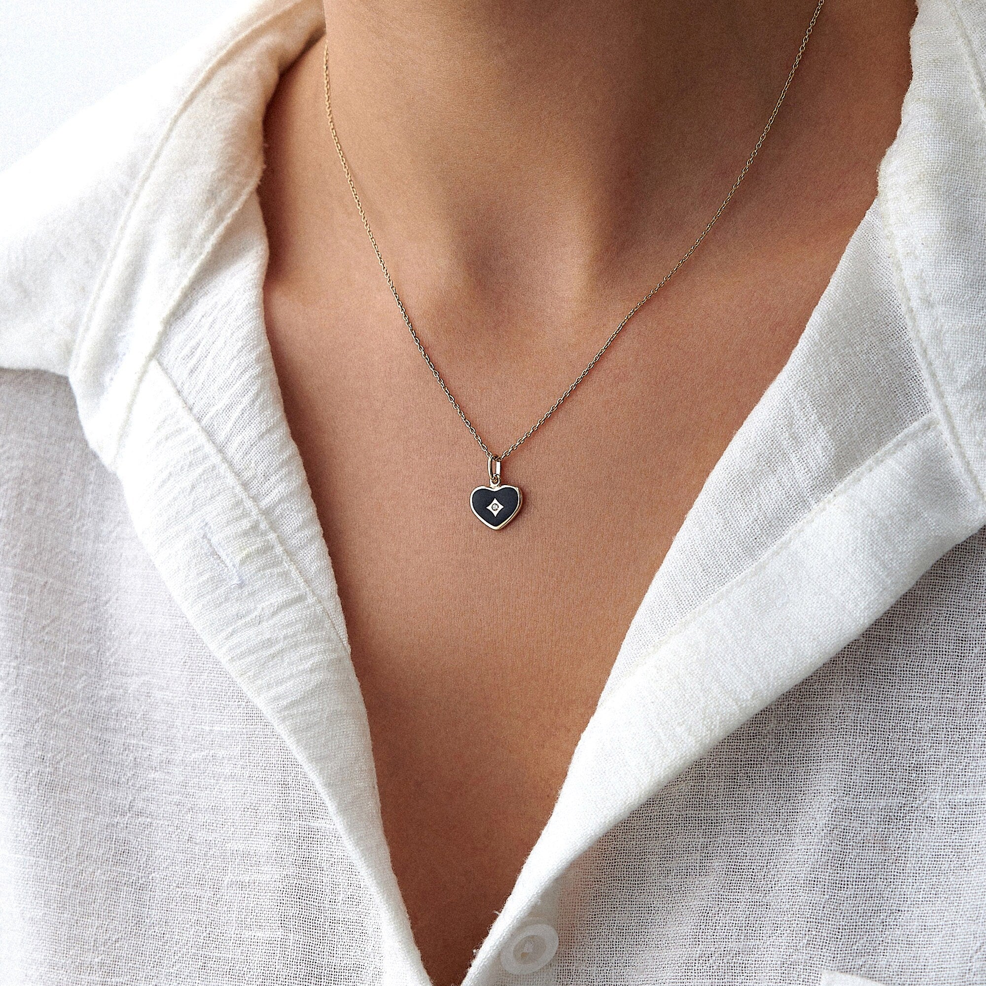 Tiny Diamond Black Enamel Heart Pendant Necklace