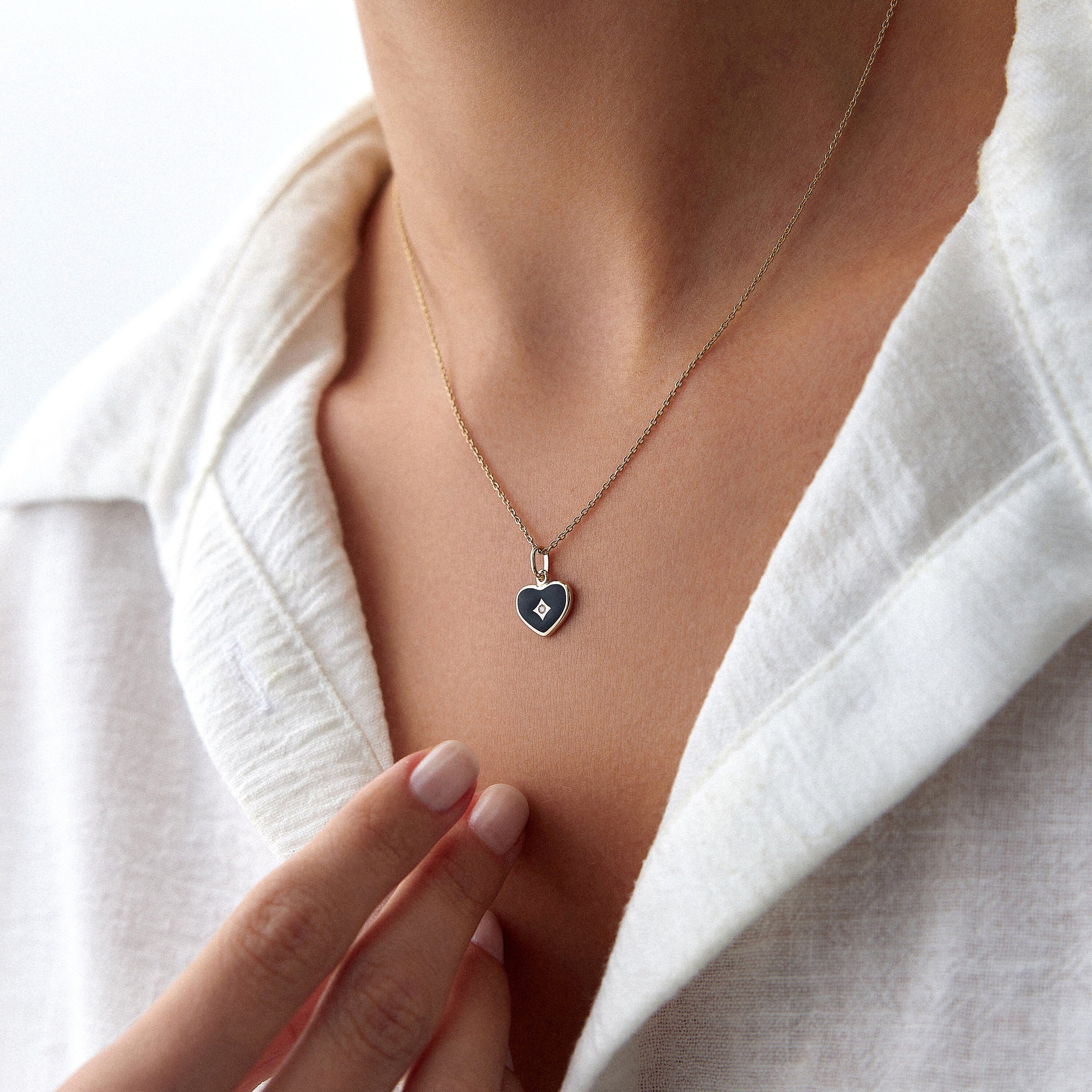 Mini Diamond Black Heart Necklace in 14K Gold