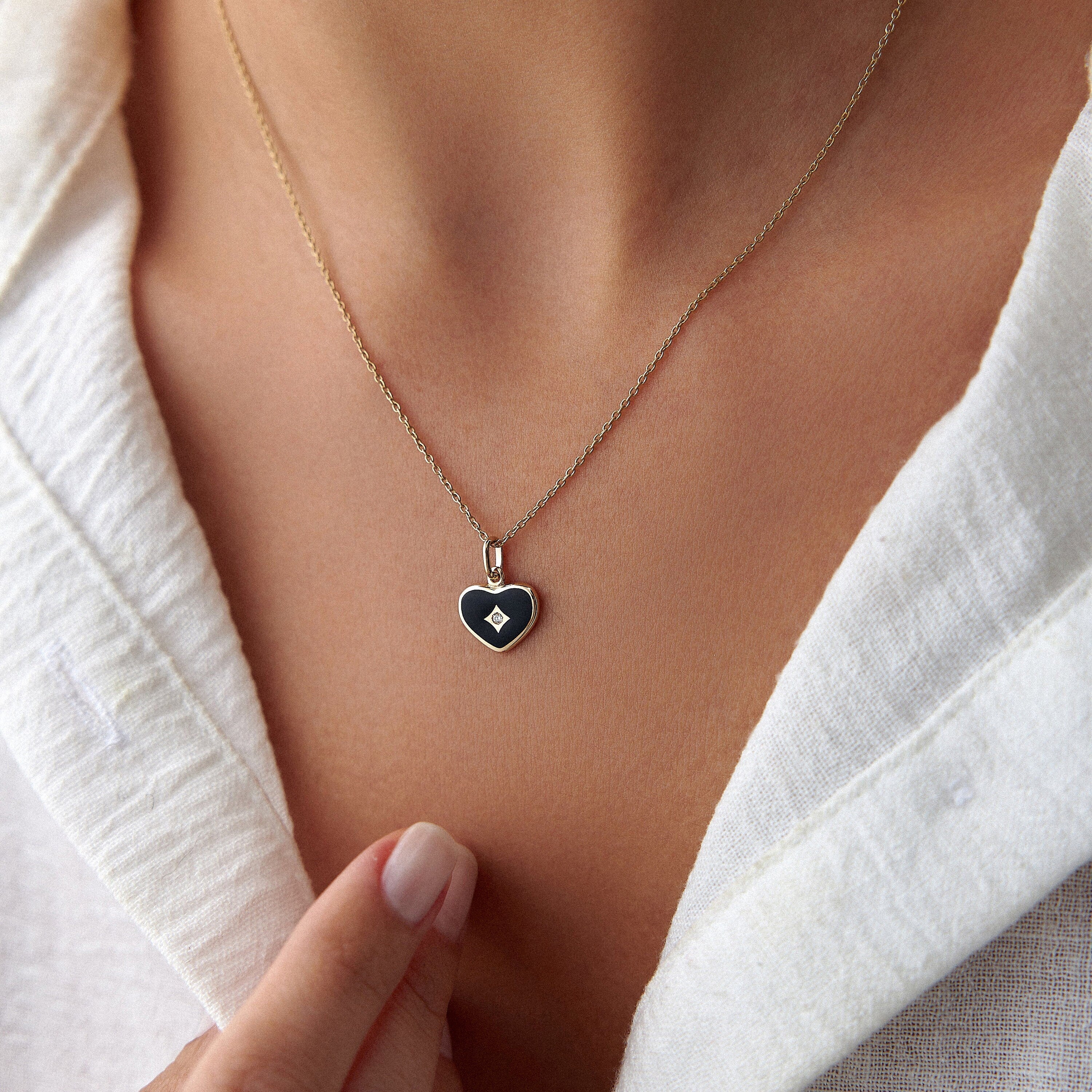 Mini Diamond Black Heart Necklace in 14K Gold