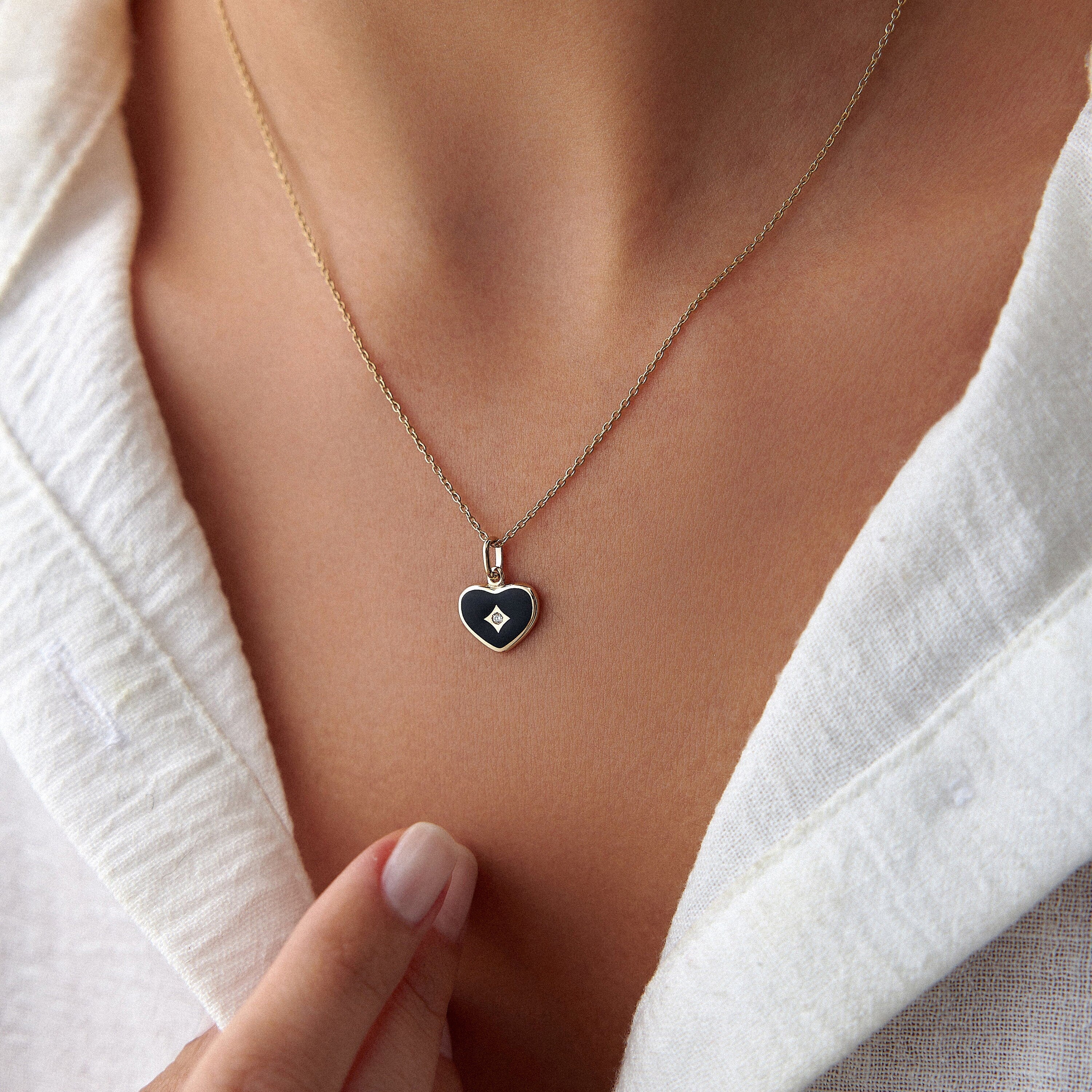 Tiny Diamond Black Enamel Heart Pendant Necklace