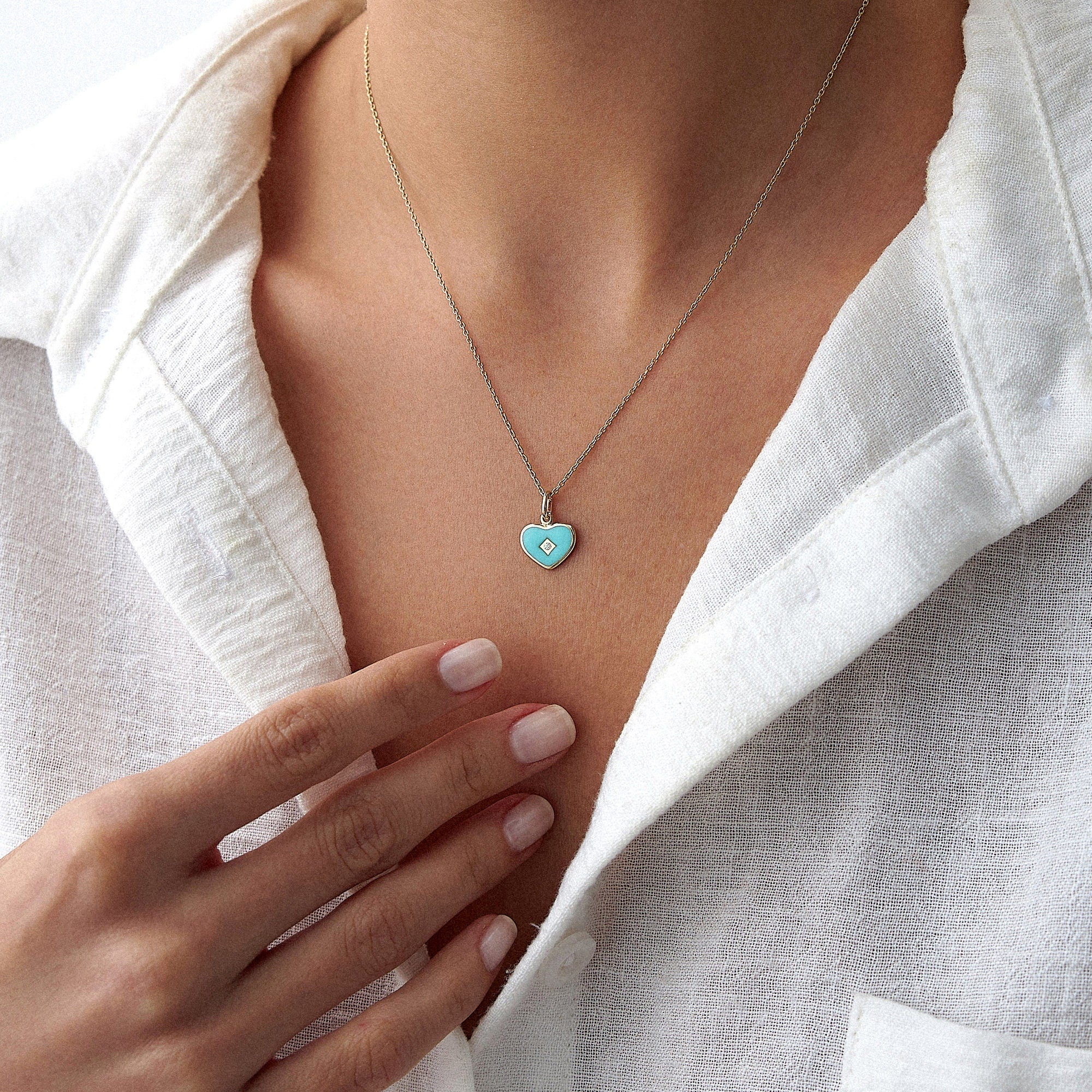 Tiny Diamond Turquoise Enamel Heart Pendant Necklace in 14K Gold