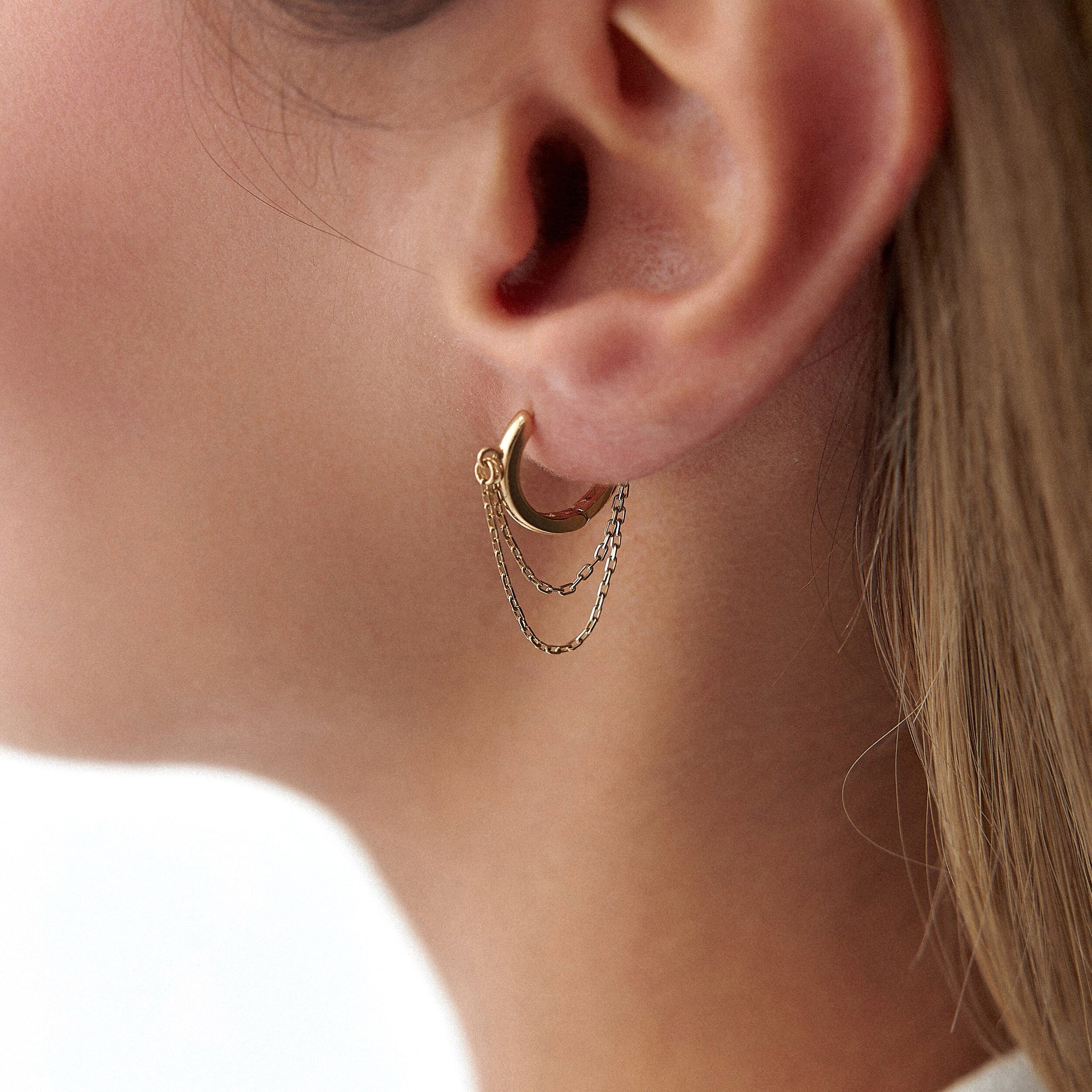 14K Gold Dangle Double Chain Hoops