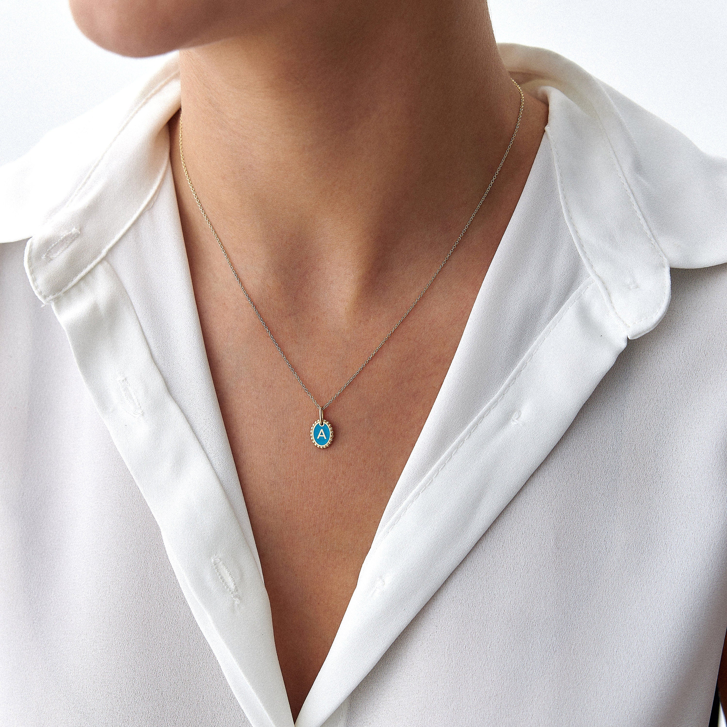 Itty Bitty Tiny Sky Blue Enamel Initial Necklace in 14K Gold