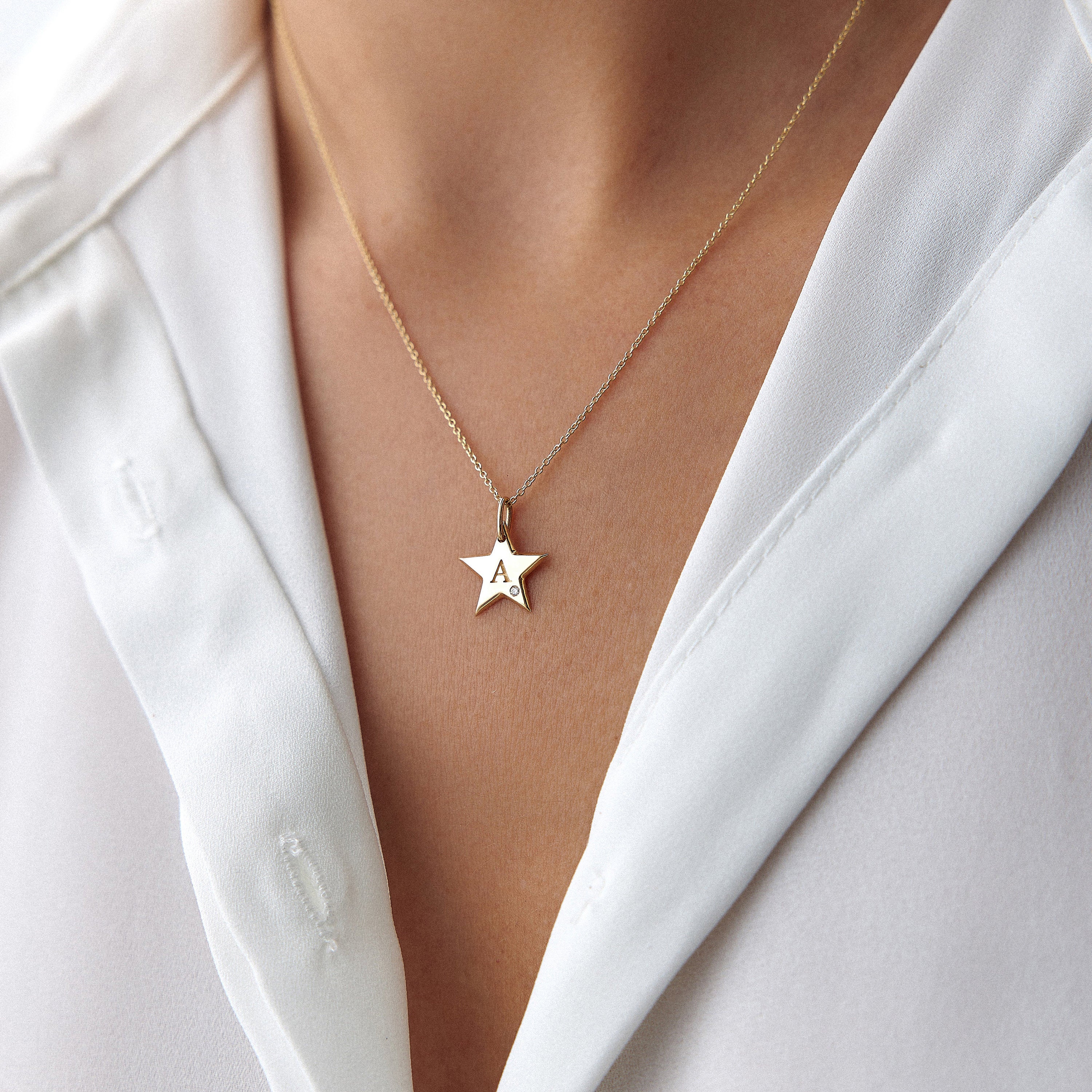14K Gold Star Birthstone Initial Necklace