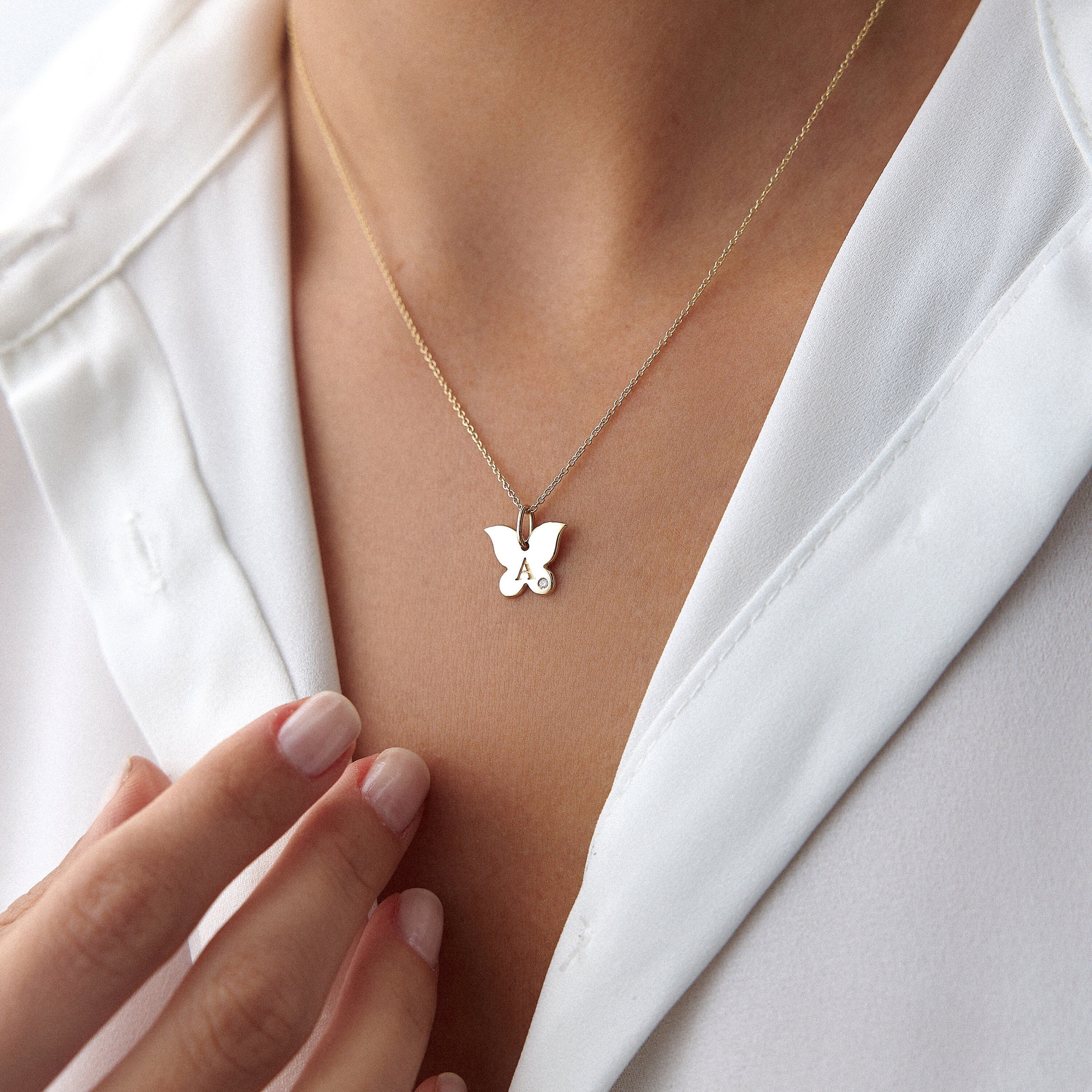 14K Gold Birthstone Butterfly Initial Pendant Necklace