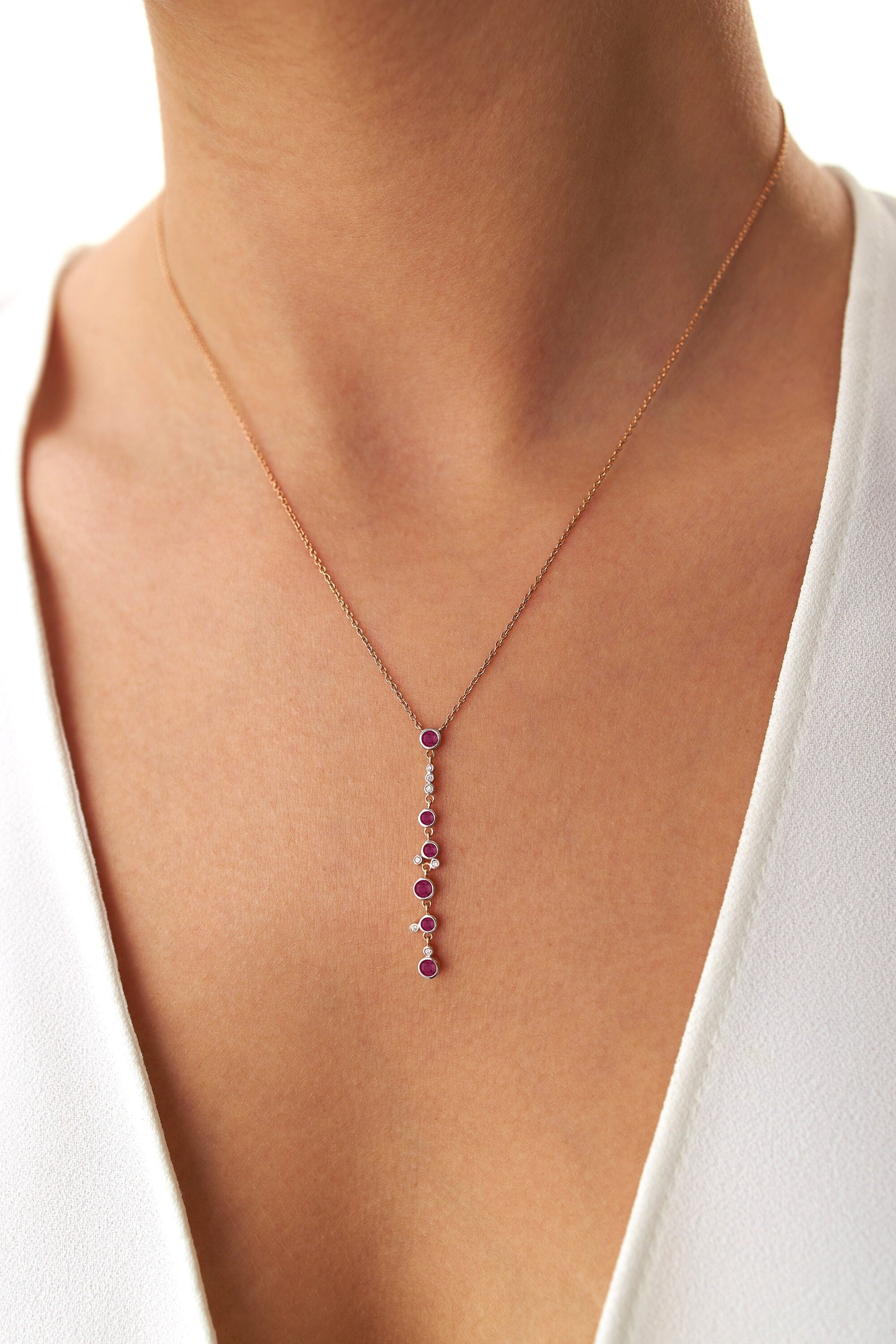 Ruby Waterfall Lariat Necklace in 14K Gold