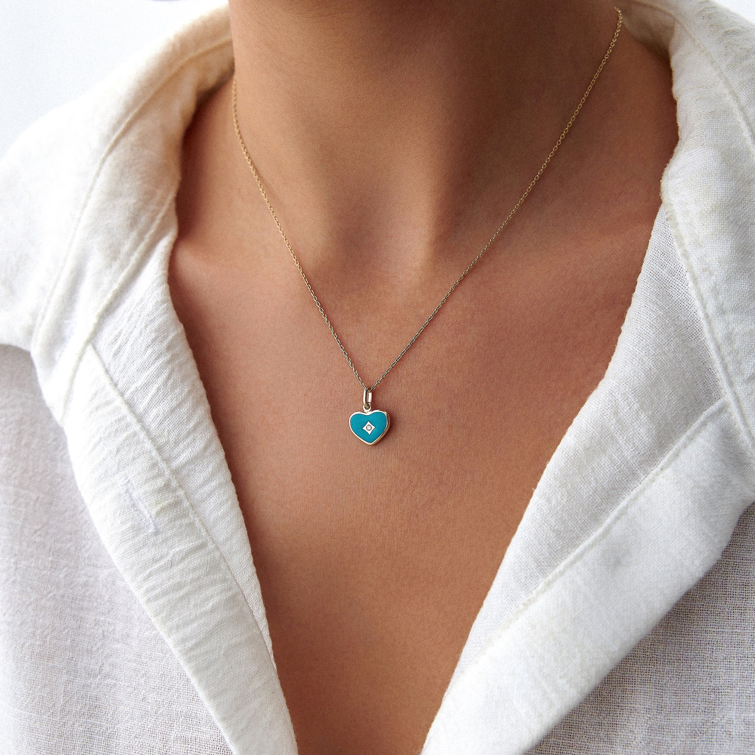 Mini Diamond Ocean Blue Heart Necklace in 14K Gold