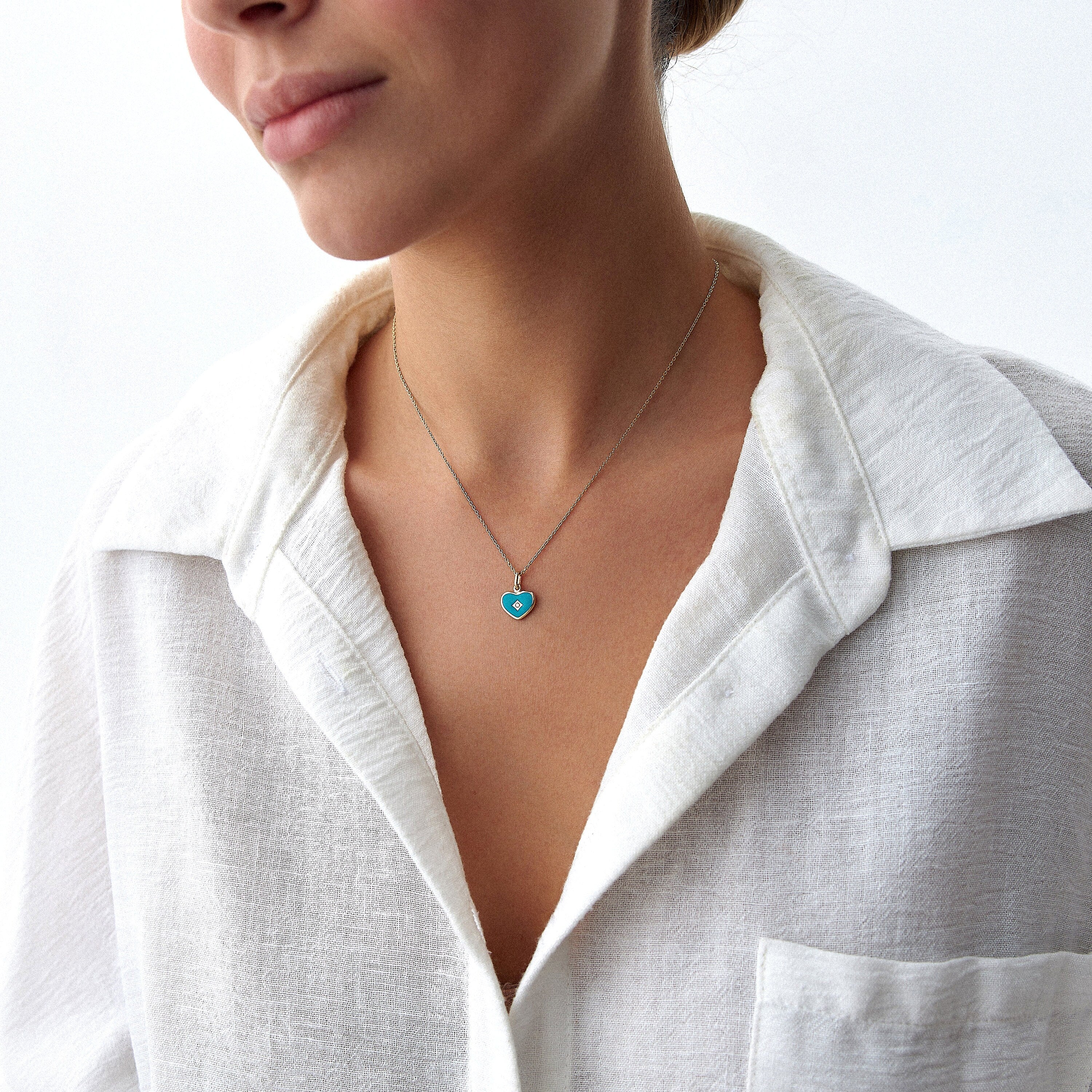Mini Diamond Ocean Blue Heart Necklace in 14K Gold