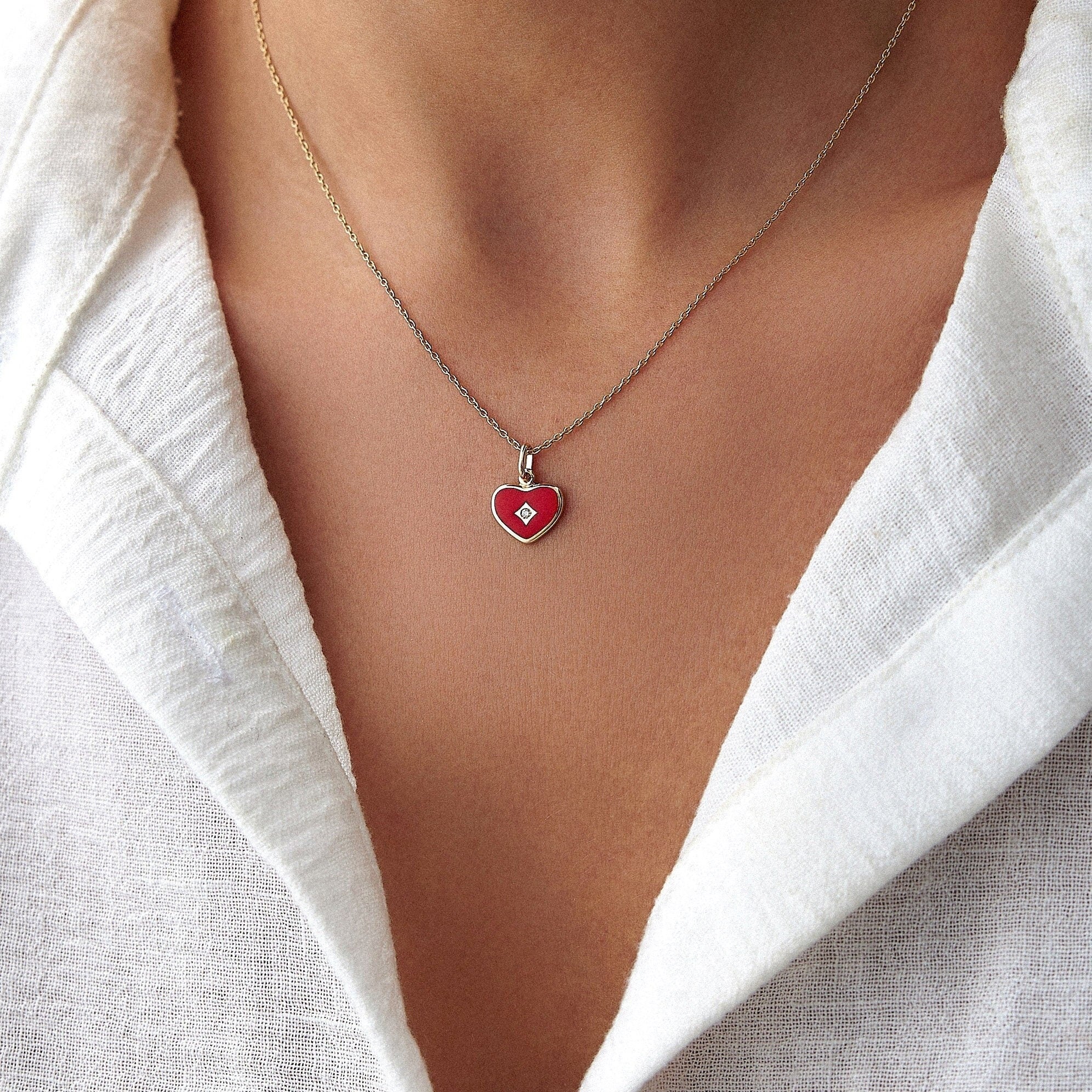 Tiny Diamond Red Enamel Heart Pendant Necklace in 14K Gold
