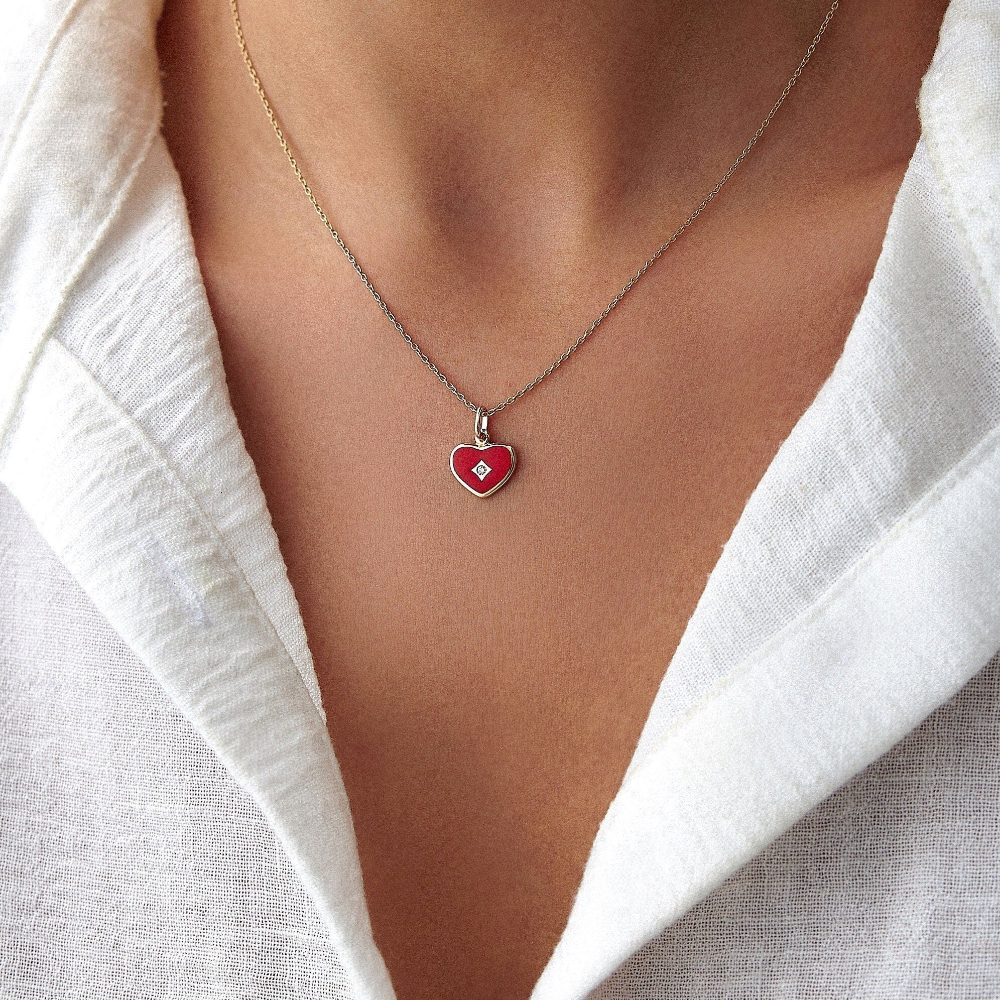 Mini Diamond Red Heart Necklace in 14K Gold