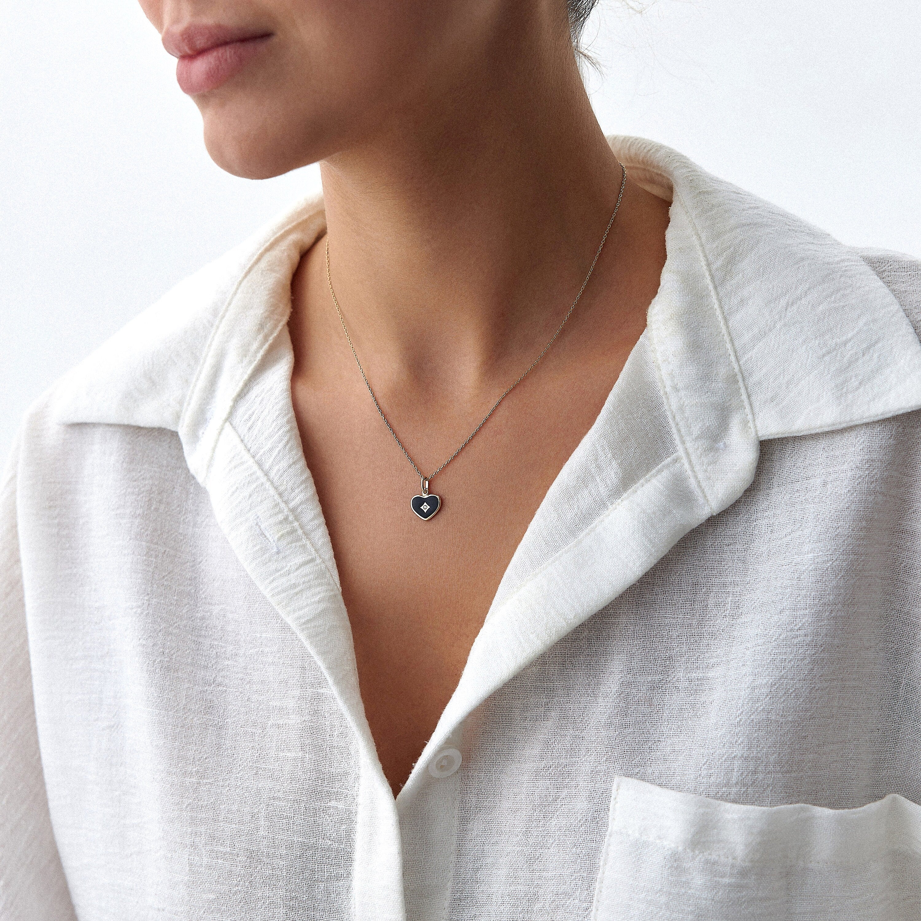 Mini Diamond Black Heart Necklace in 14K Gold
