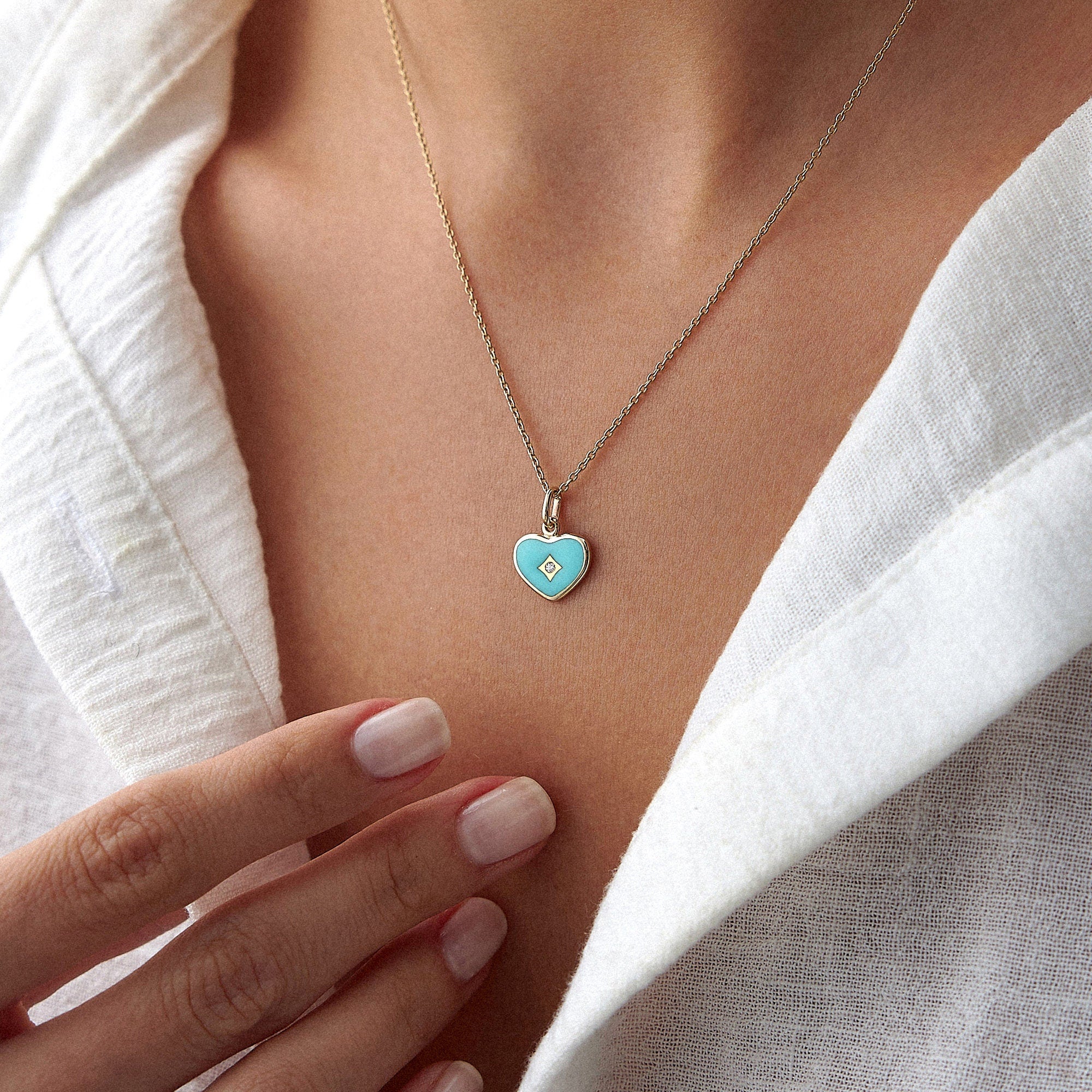 Tiny Diamond Turquoise Enamel Heart Pendant Necklace in 14K Gold