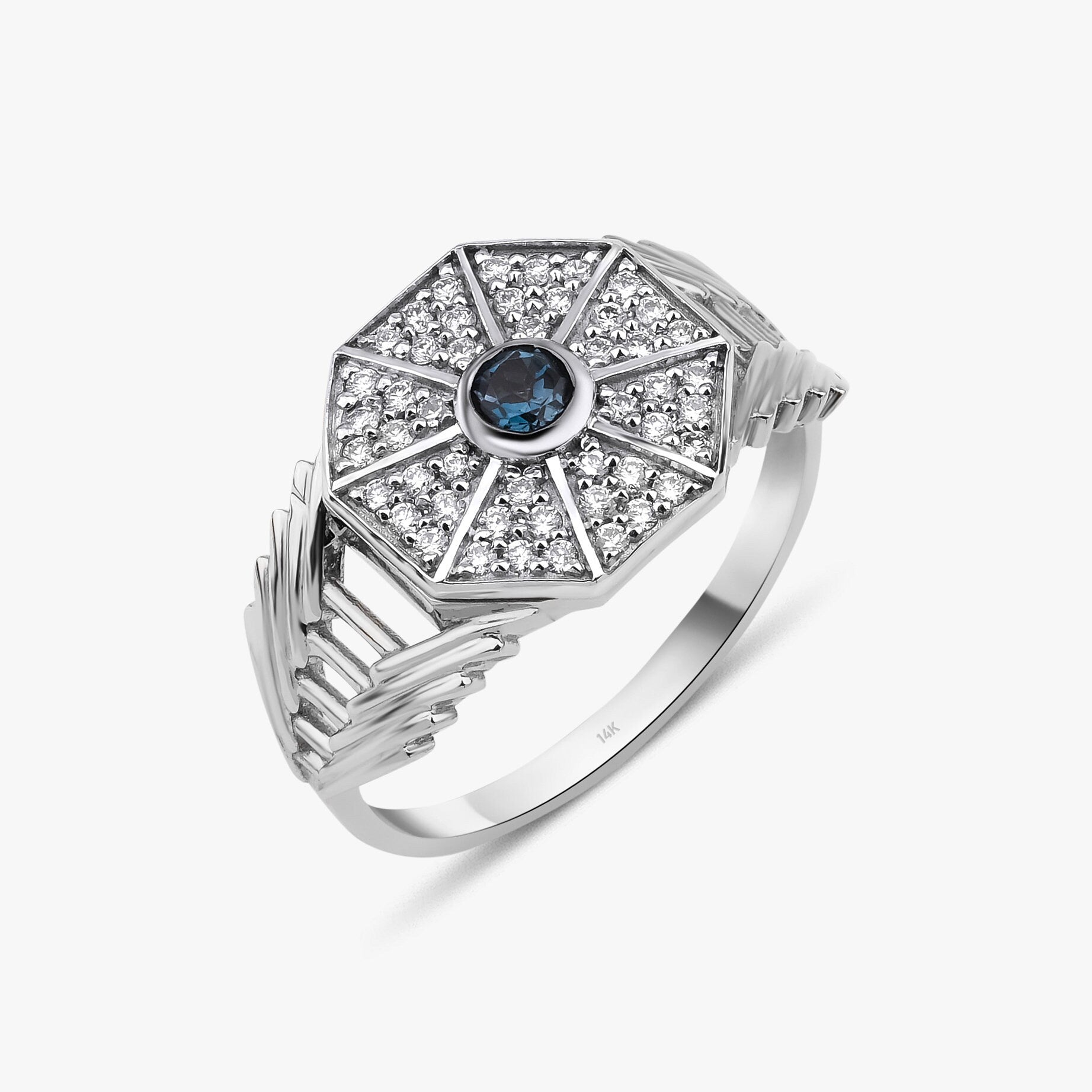 White and Blue Diamond Octagon Ring in 14K Gold