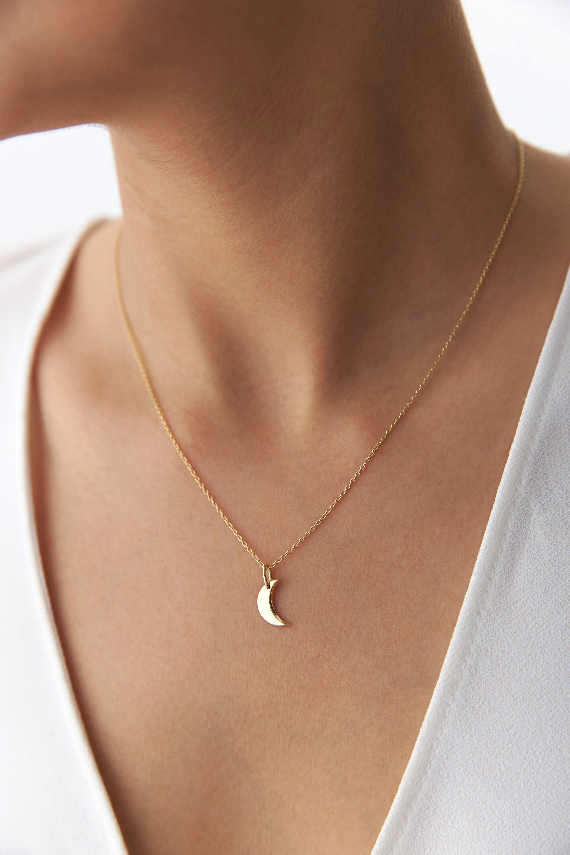Crescent Moon Pendant Necklace Available in 14K and 18K Gold