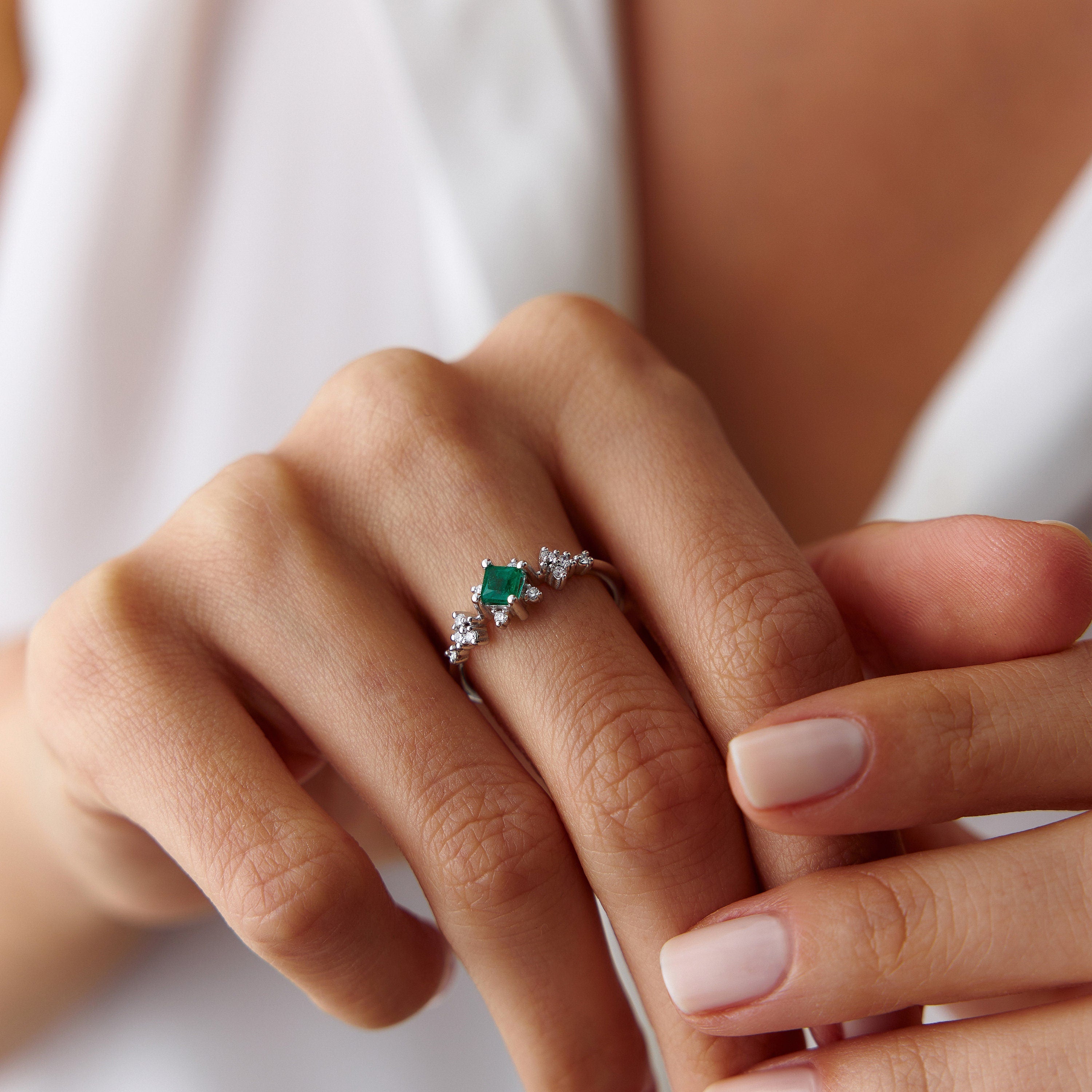 Princess Cut Emerald and Diamond Ring in 14K Gold