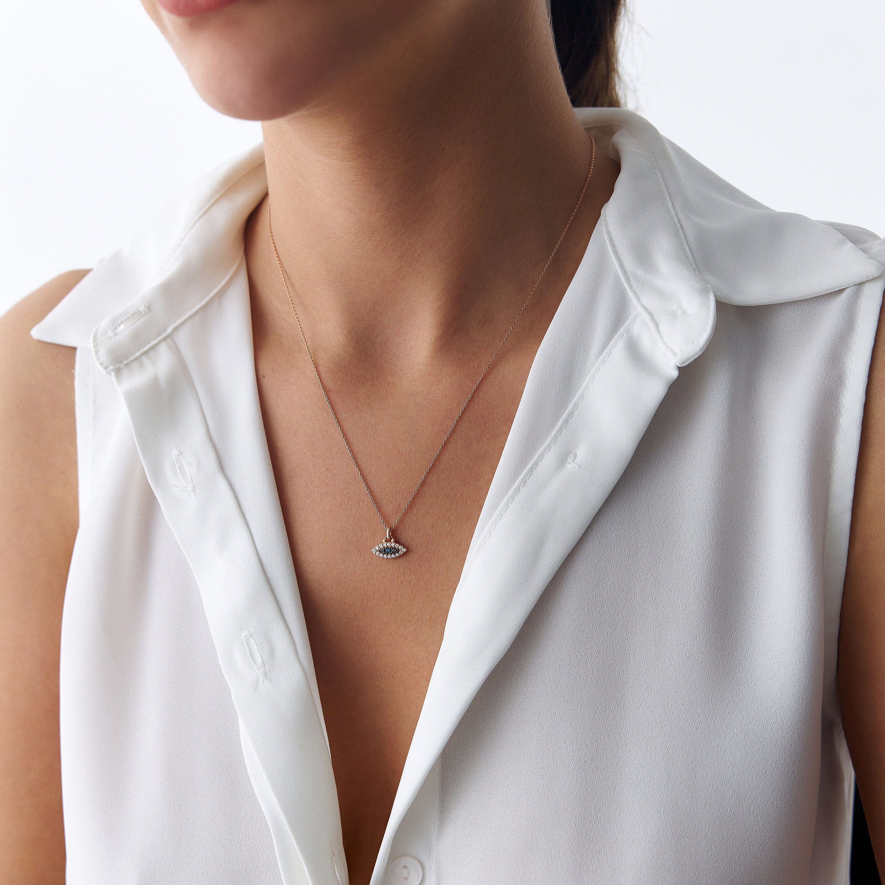 14K Gold Dainty Protection Necklace with Natural White, Blue, and Black Diamonds