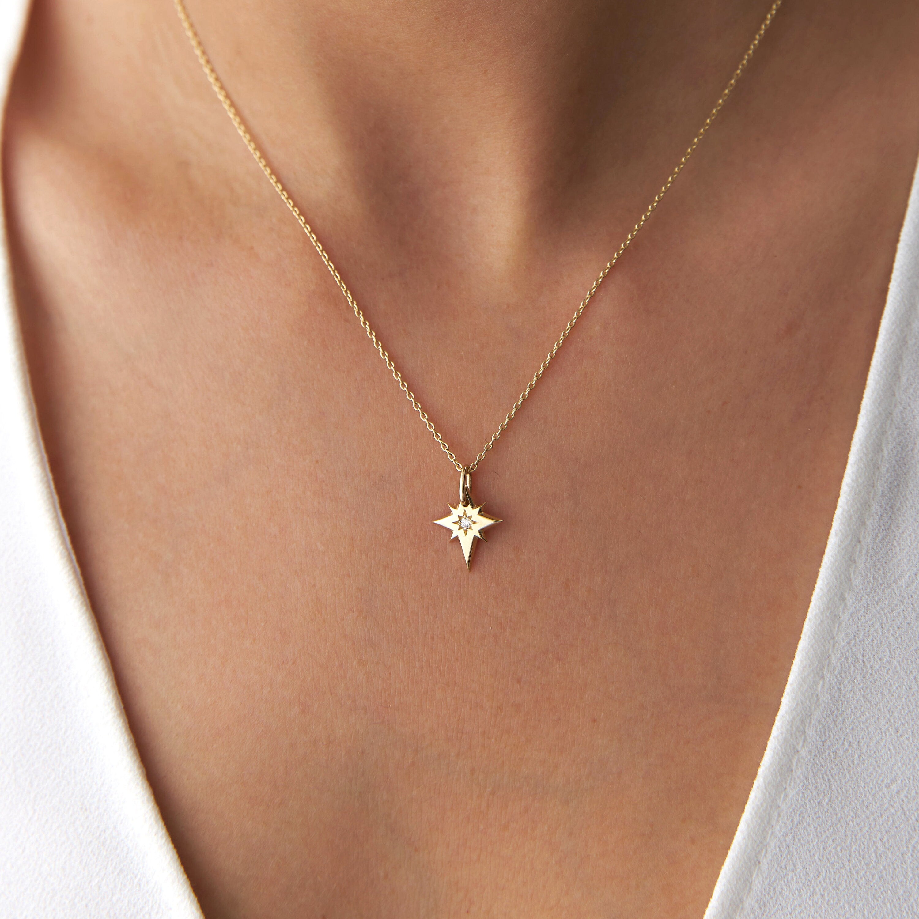 Tiny Diamond North Star Pendant Necklace in 14K Gold
