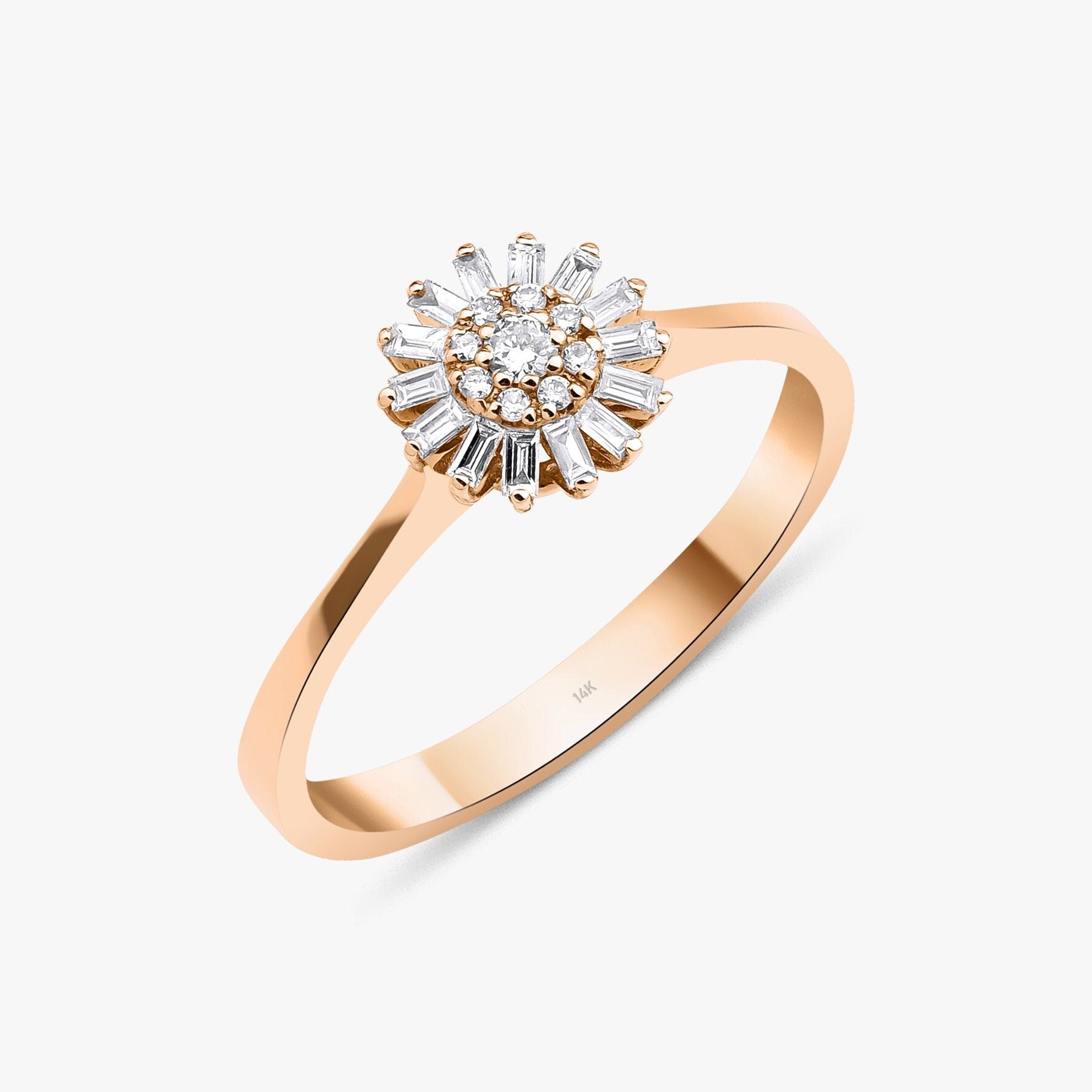 Baguette Cut Diamond Flower Ring in 14K Gold