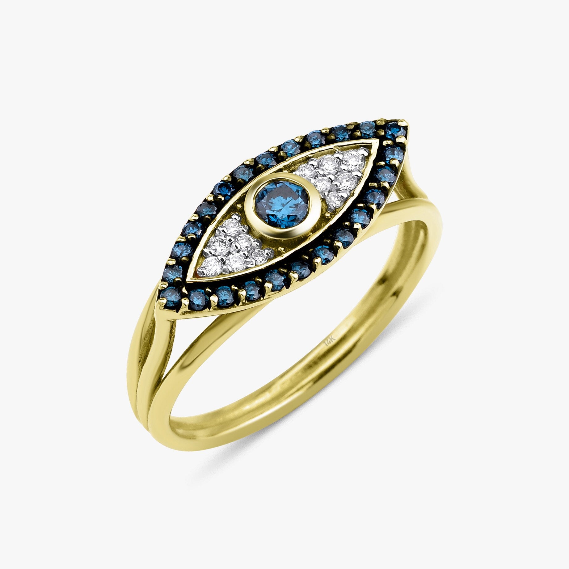 14K Gold Blue and White Diamond Eye Ring