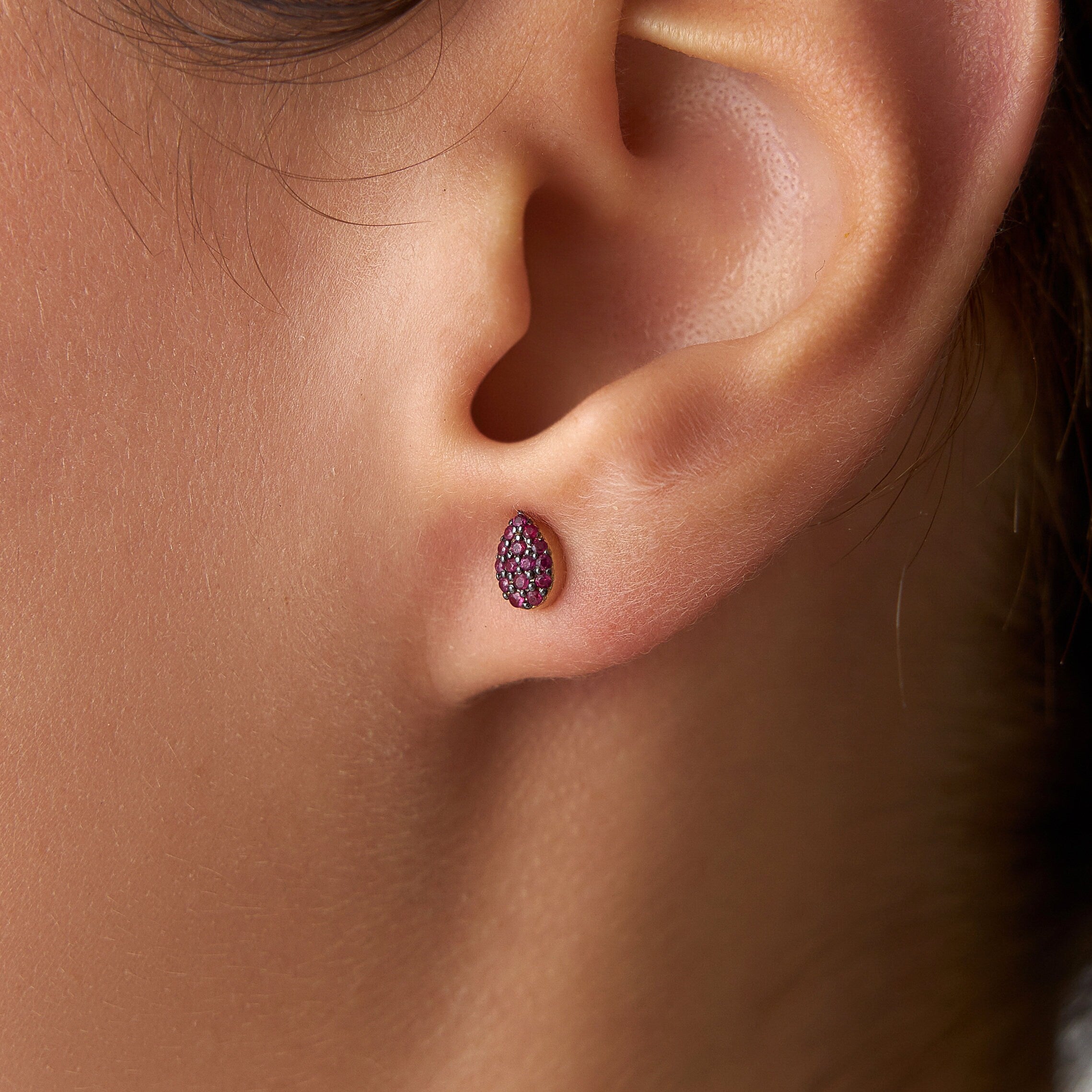 Tiny Pave Set Ruby Drop Stud Earrings Available in 14K and 18K Gold