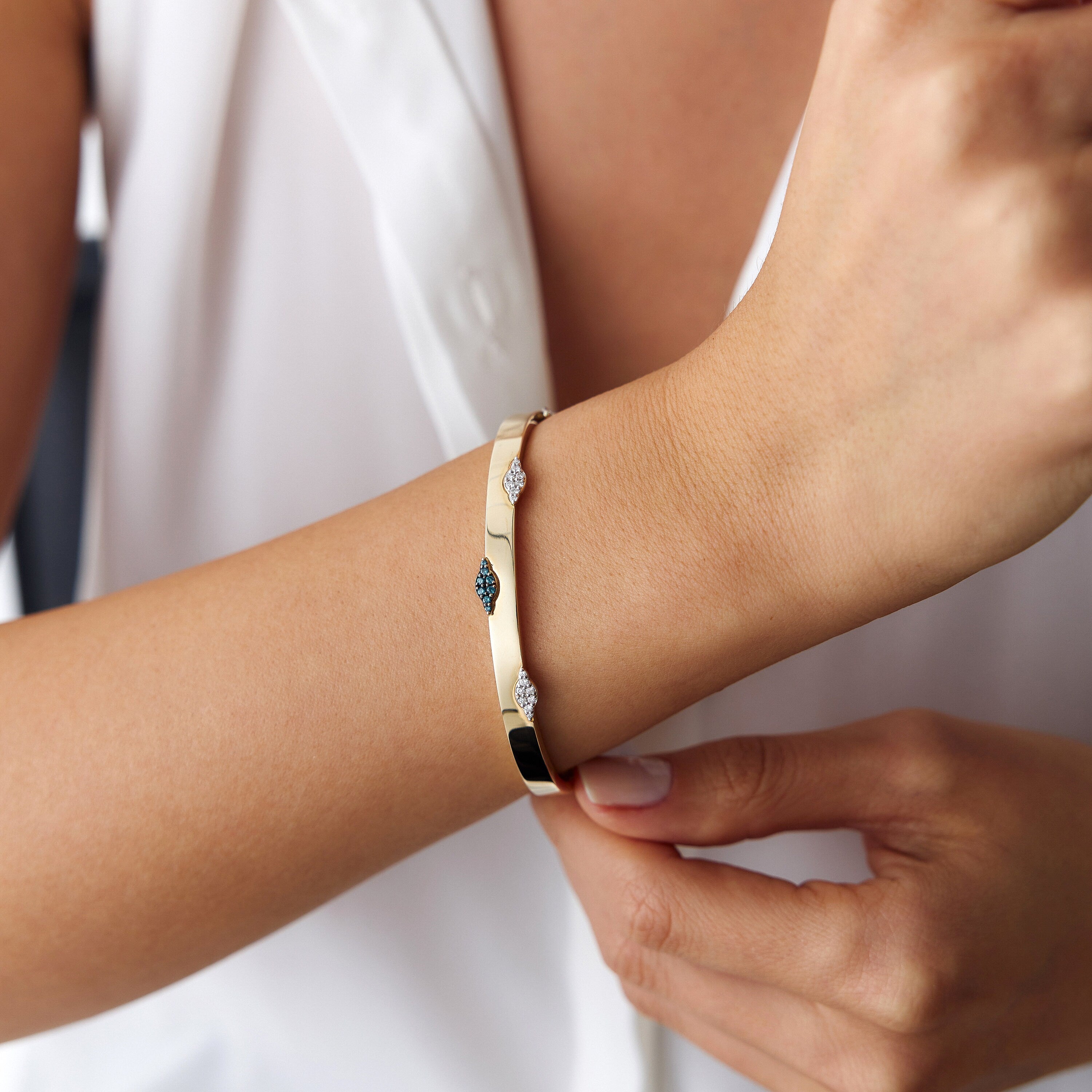 White and Blue Diamond Bangle Bracelet in 14K Gold