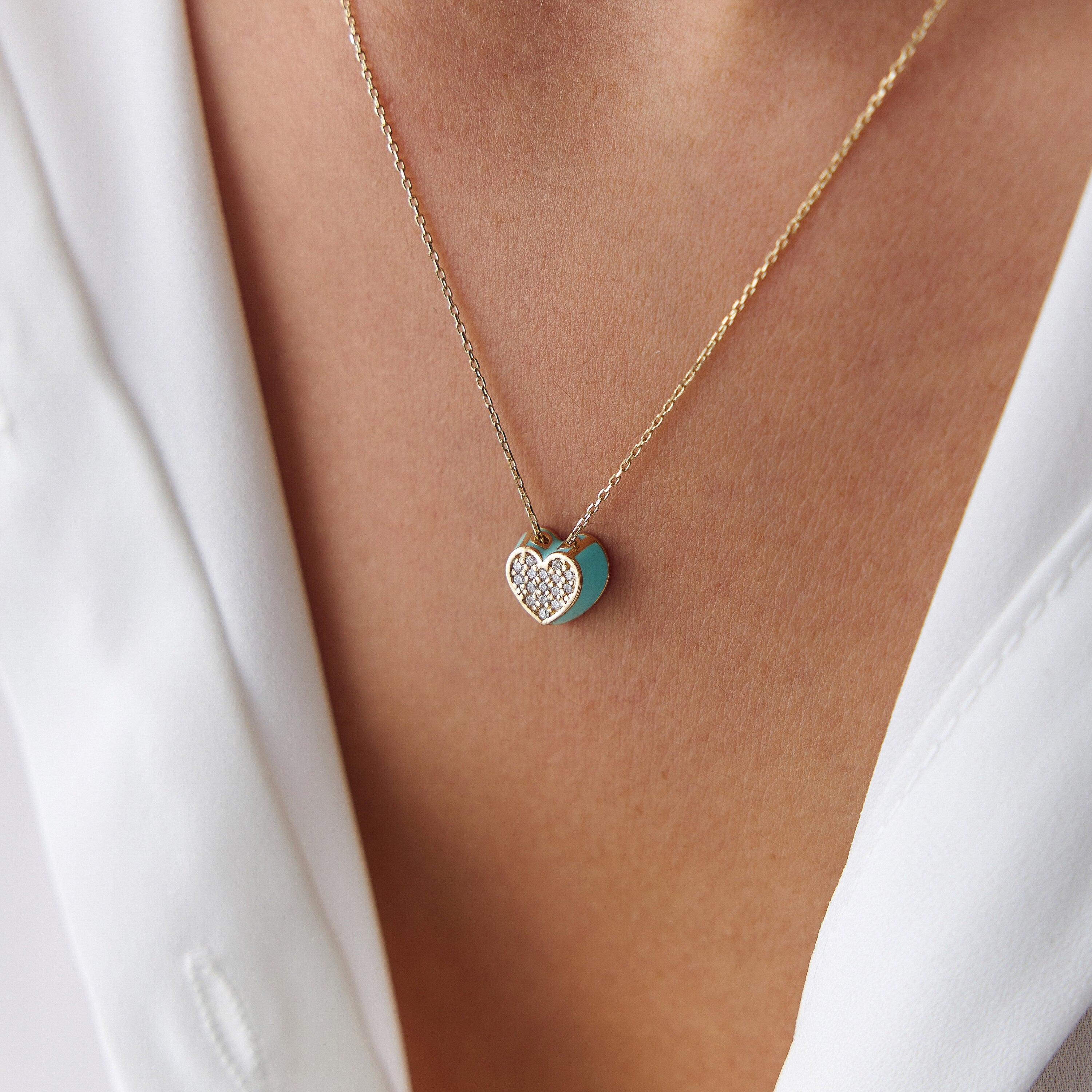 14K Gold Diamond Turquoise Heart Necklace
