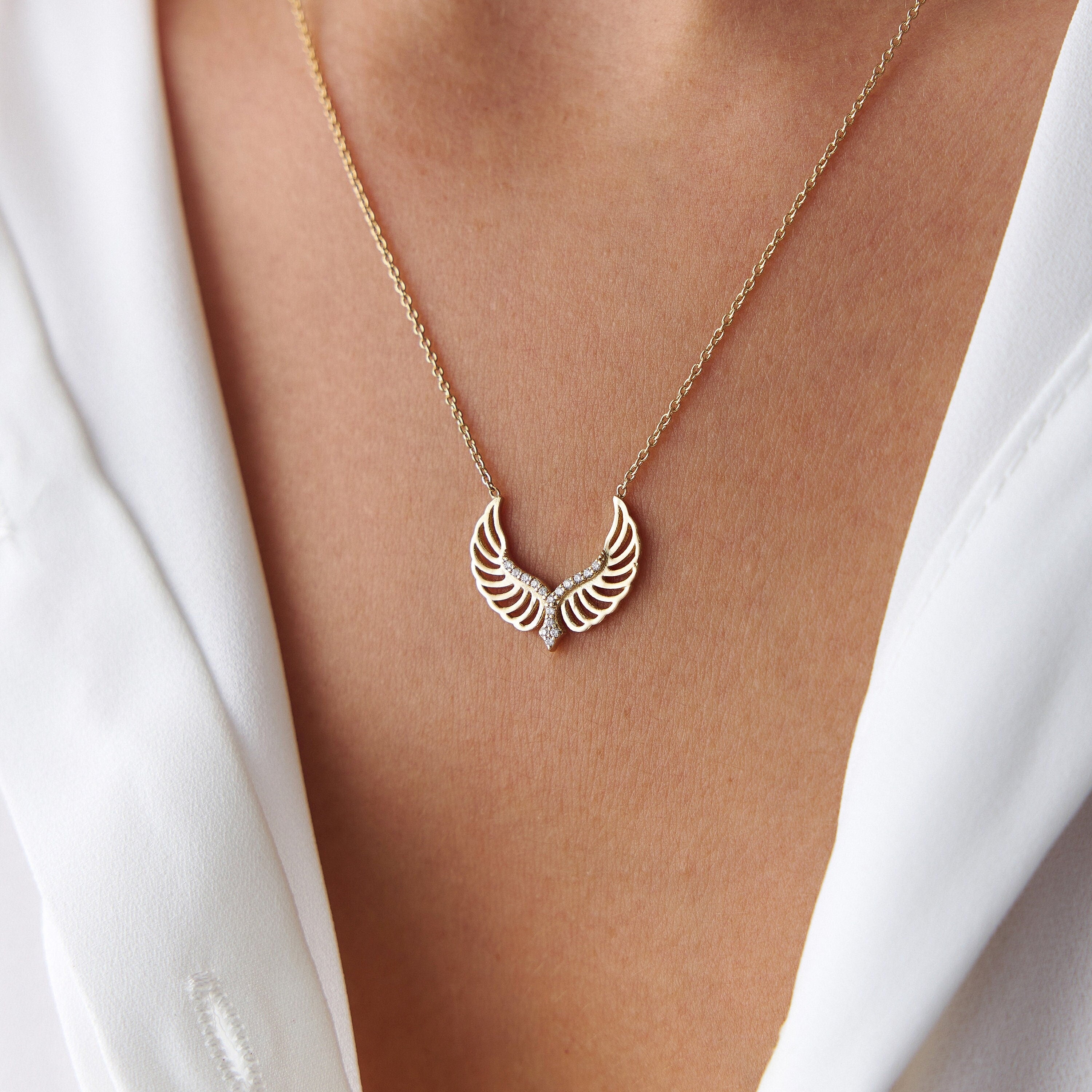 Diamond Angel Wing Necklace Available in 14K and 18K Gold