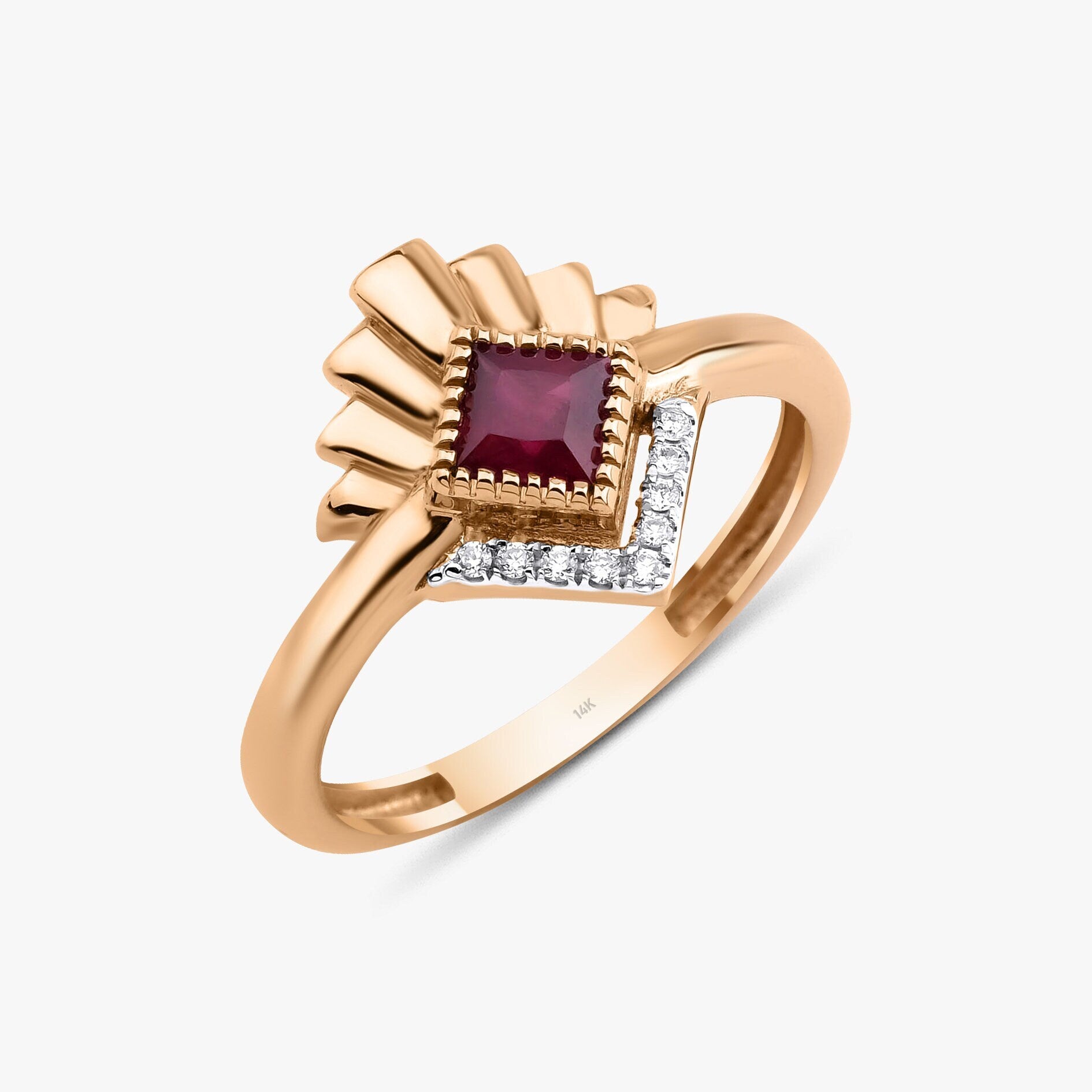 Princess Cut Ruby and Diamond Ring in 14K Gold
