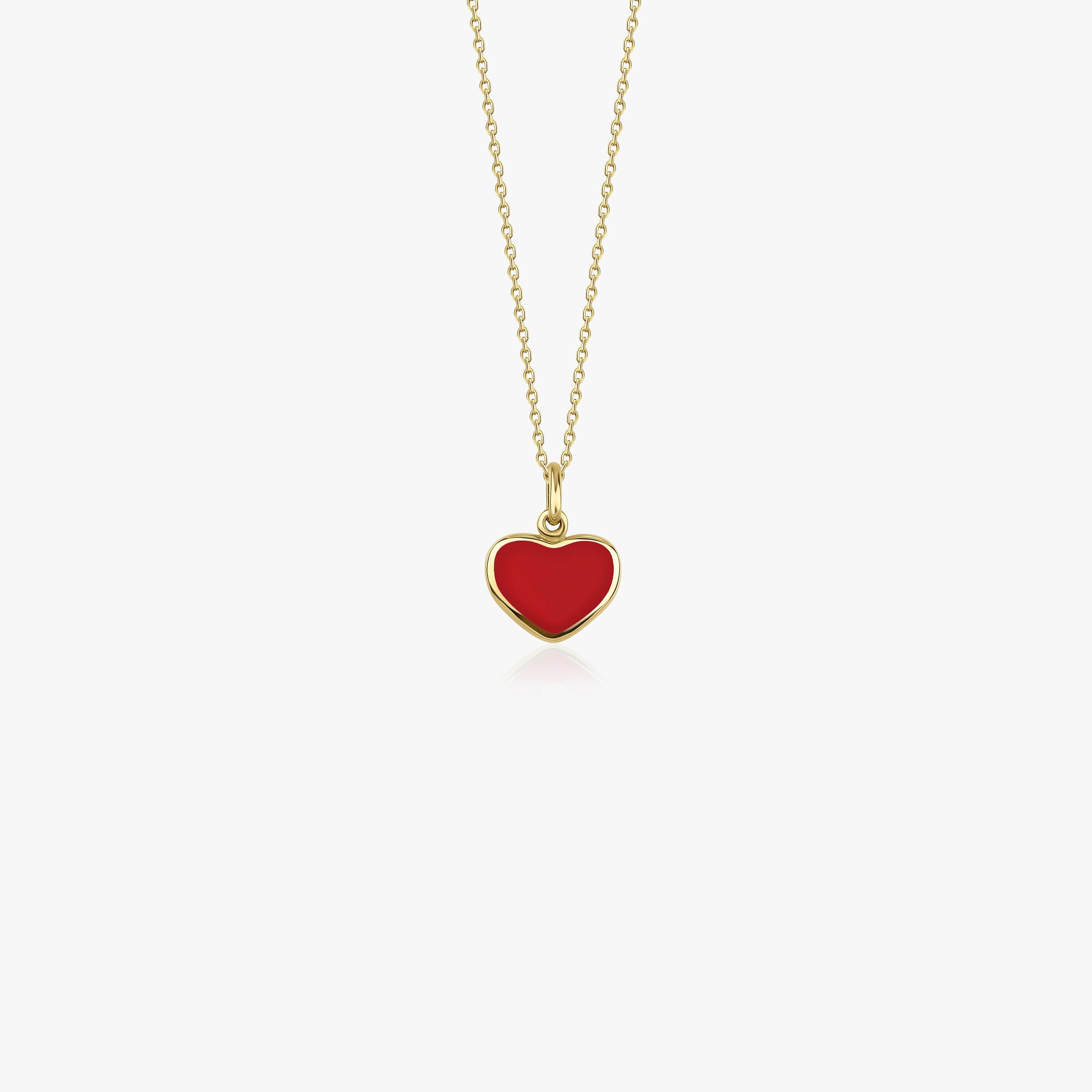 14K Gold Red Enamel Heart Pendant Necklace
