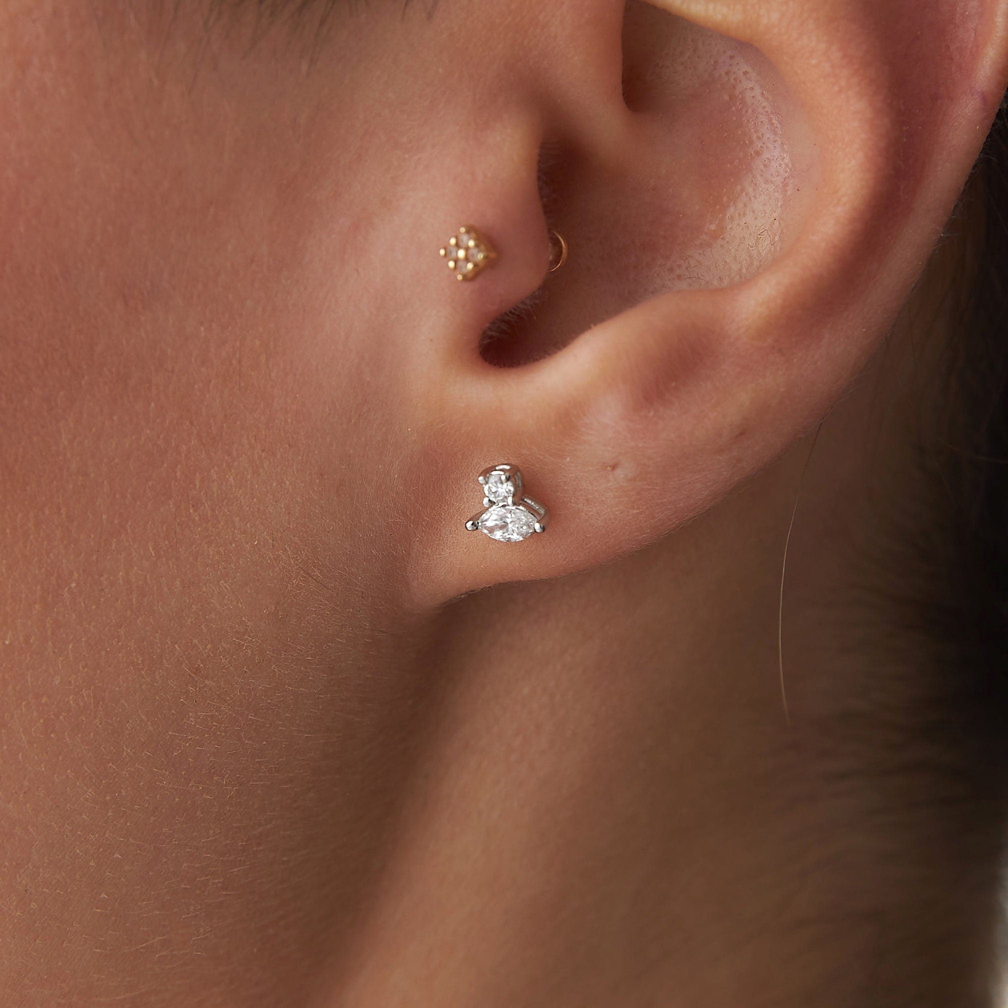 Marquise and Round Cut Diamond Studs Available in 14K and 18K Gold