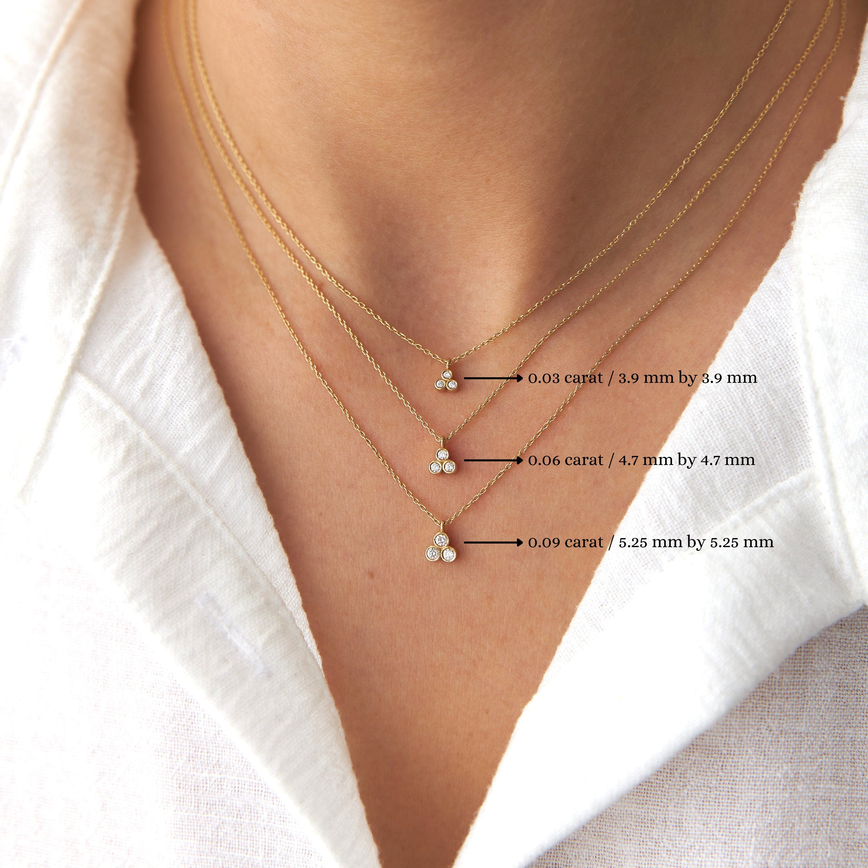 Bezel Set Three Diamond Necklace Available in 14K and 18K Gold