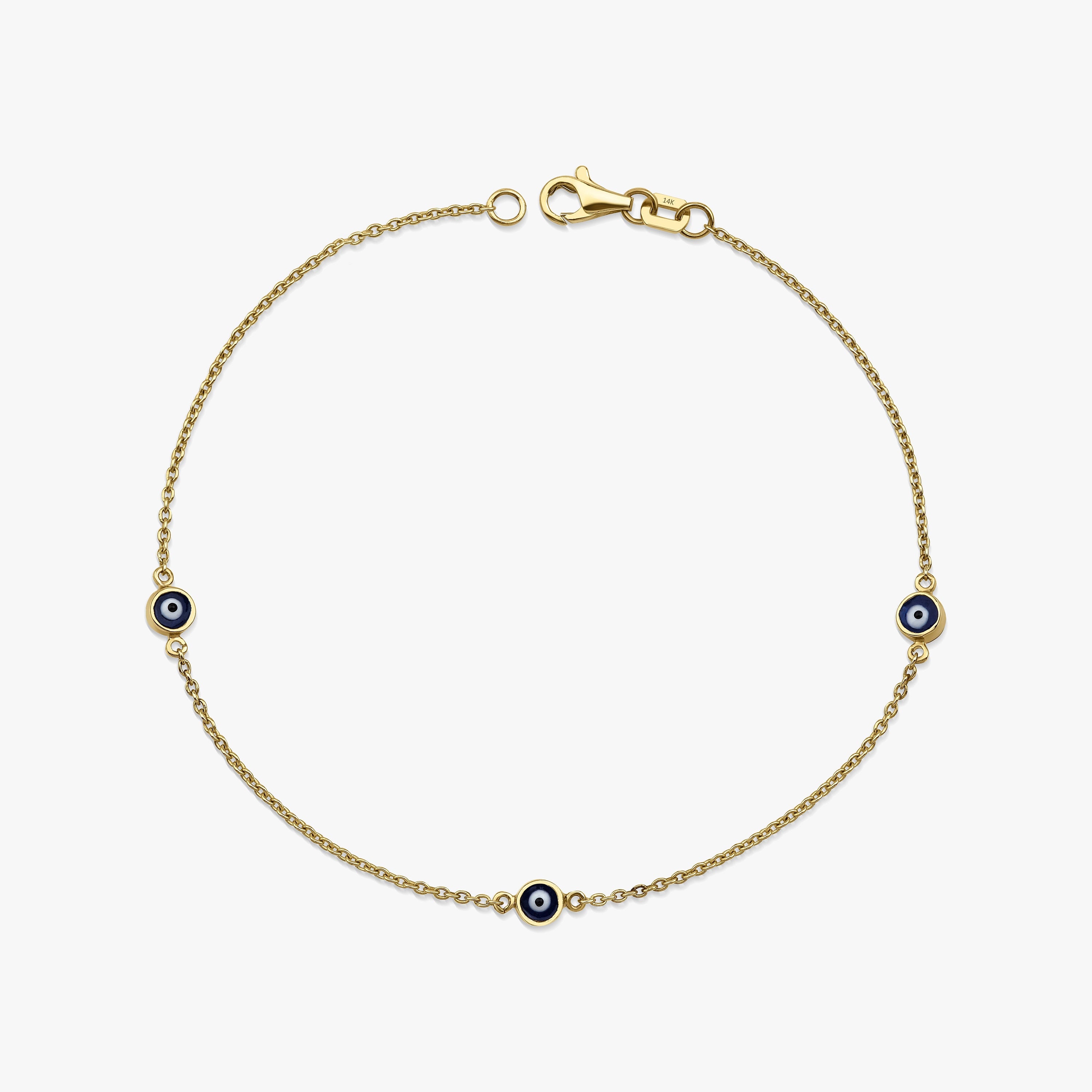 Three Evil Eye Bracelet in 14K Gold, Available in Navy Blue and Turquoise Color