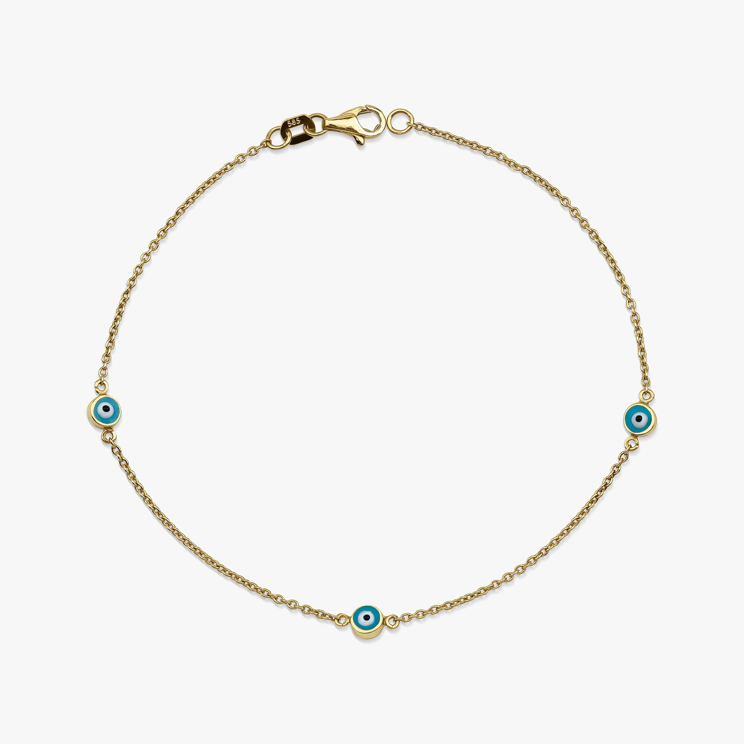 Three Evil Eye Bracelet in 14K Gold, Available in Navy Blue and Turquoise Color