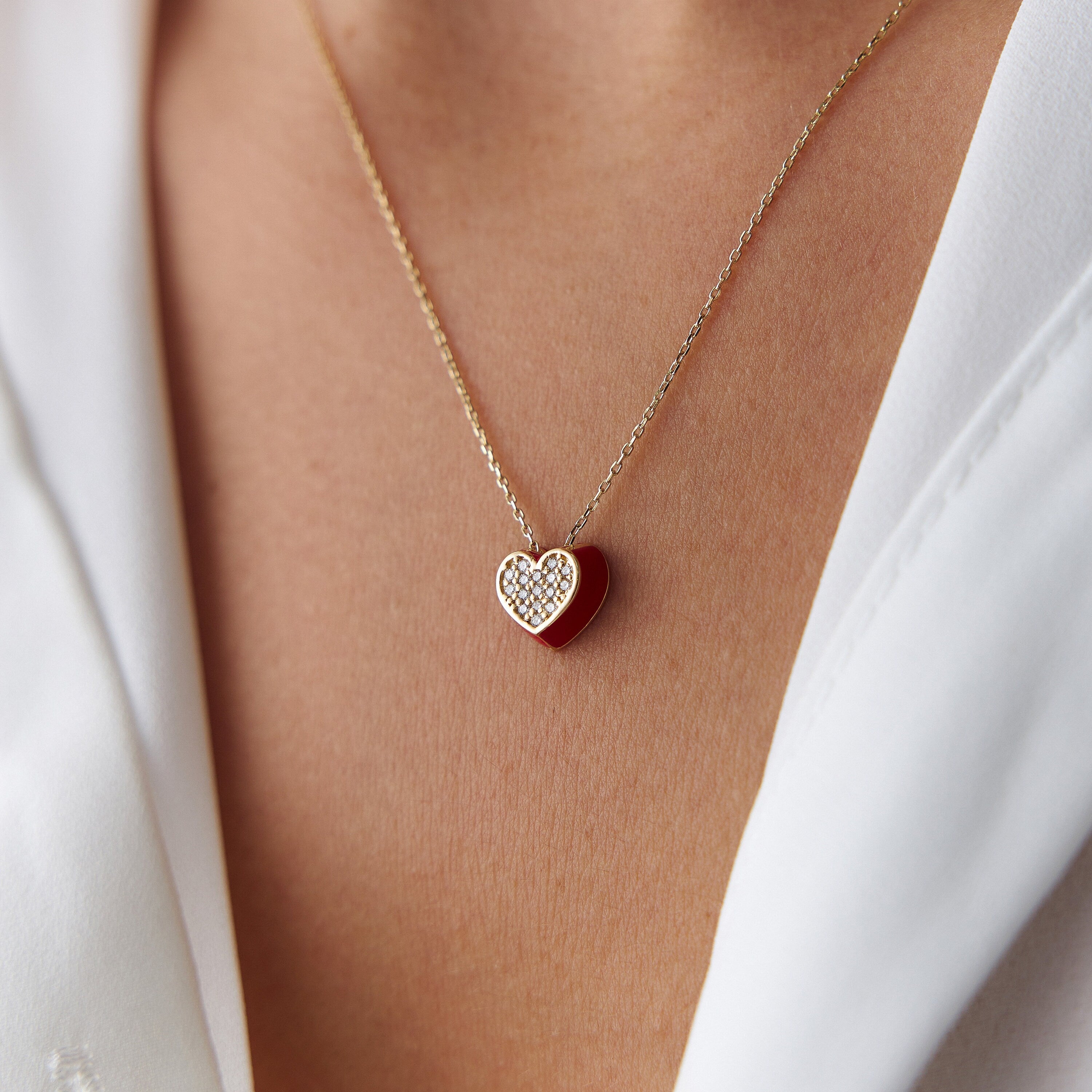 14K Gold Diamond Red Heart Necklace