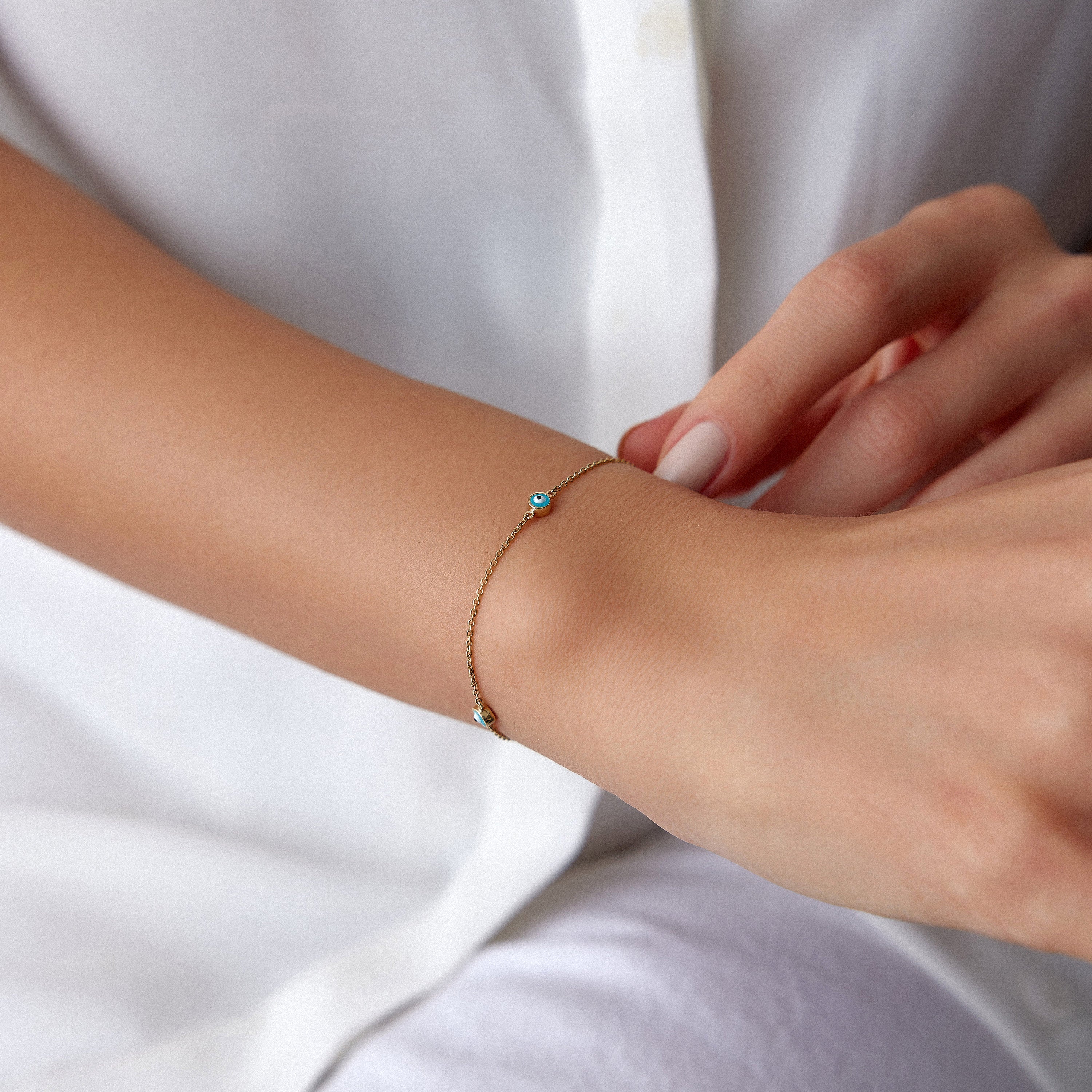 Three Evil Eye Bracelet in 14K Gold, Available in Navy Blue and Turquoise Color