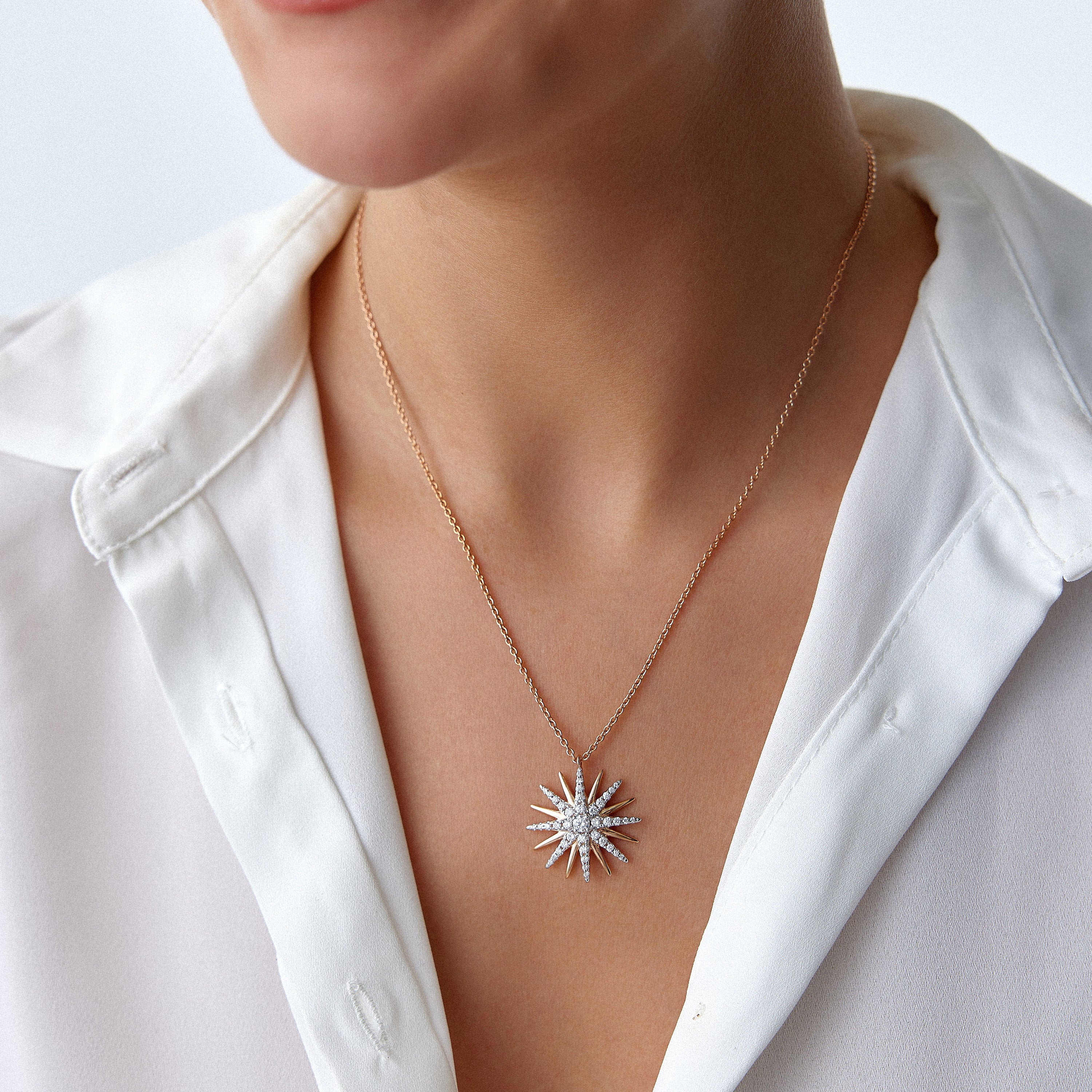 Diamond Starburst Necklace Available in 14K and 18K Gold