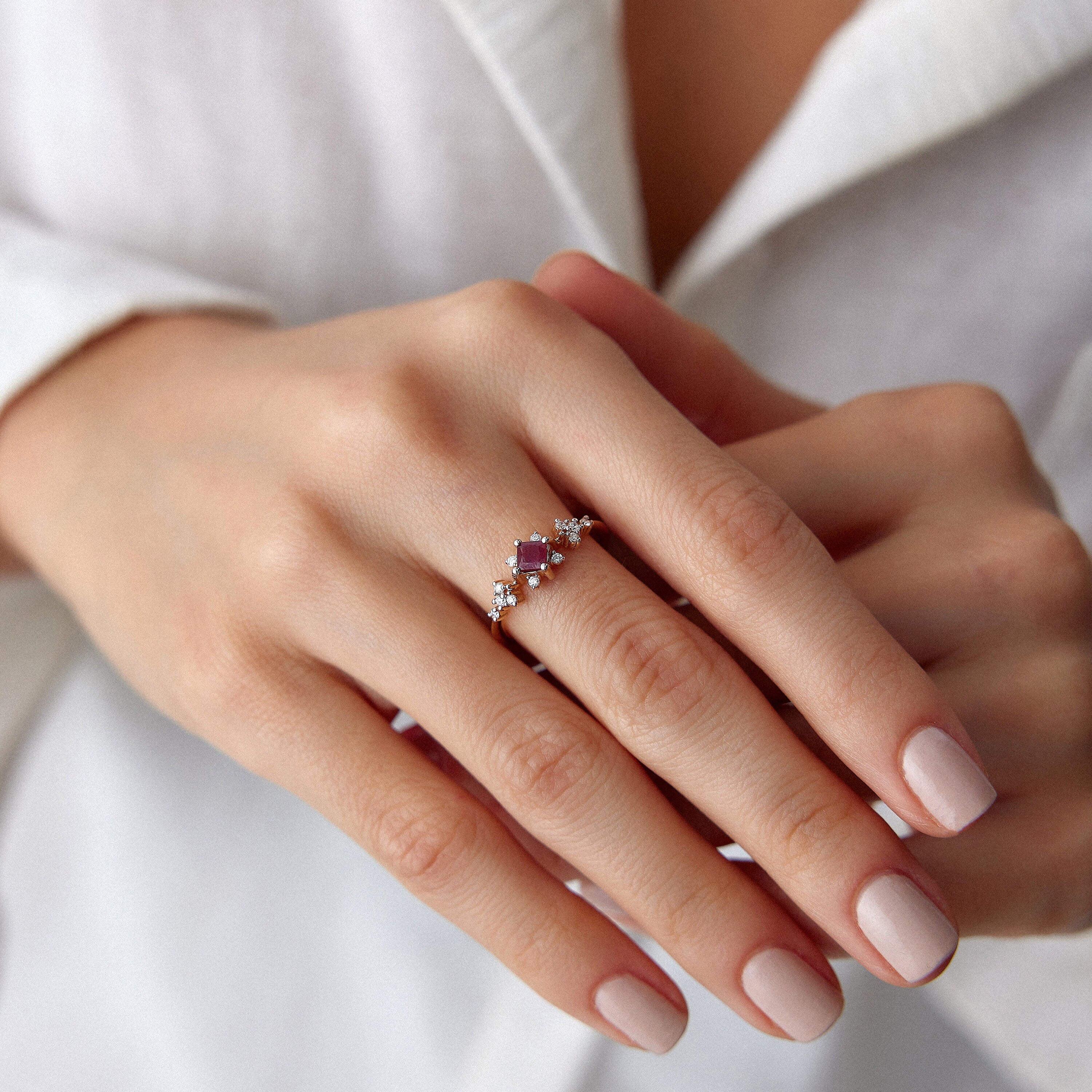 Princess Cut Ruby and Diamond Ring in 14K Gold