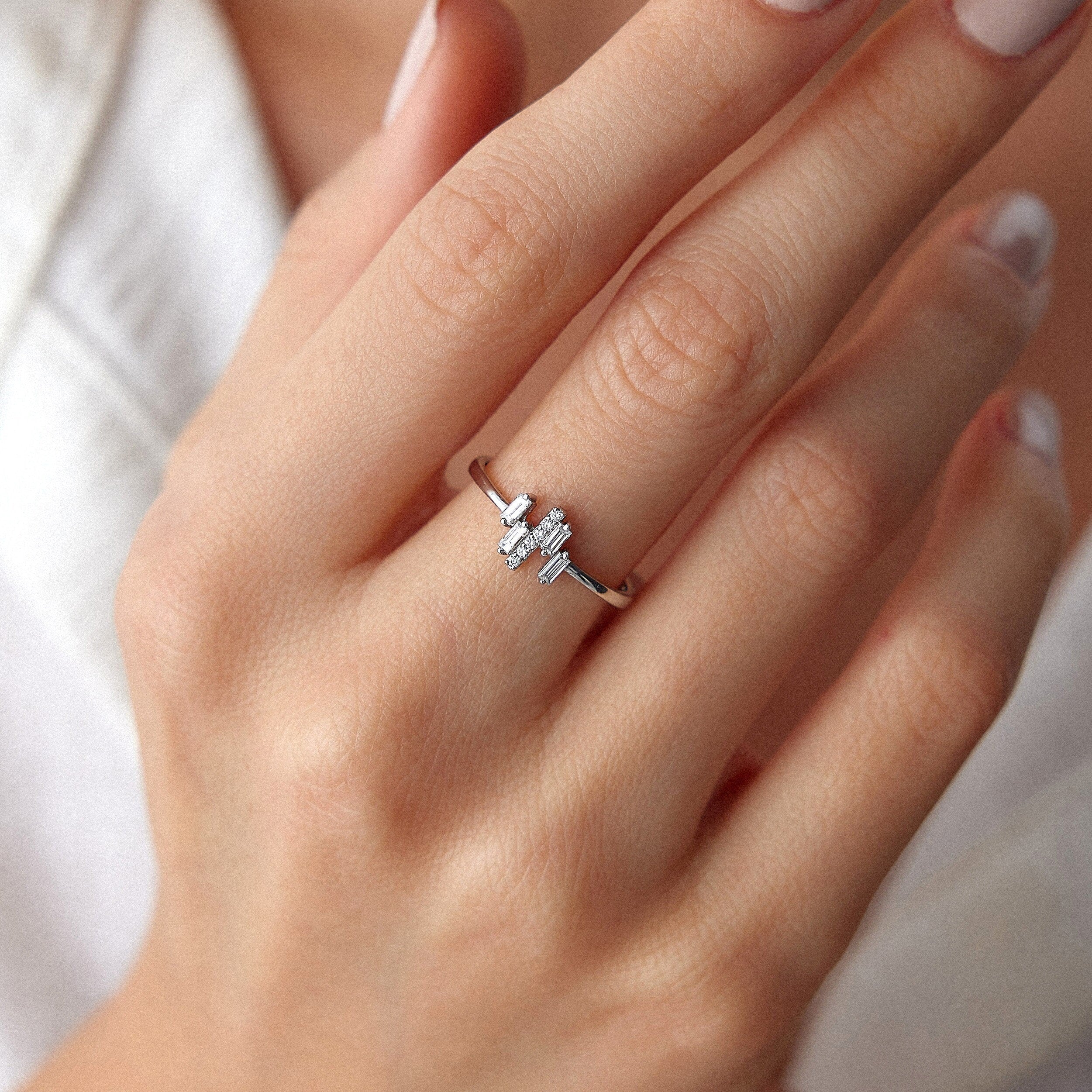 Dainty Baguette and Round Cut Diamond Ring in 14K Gold