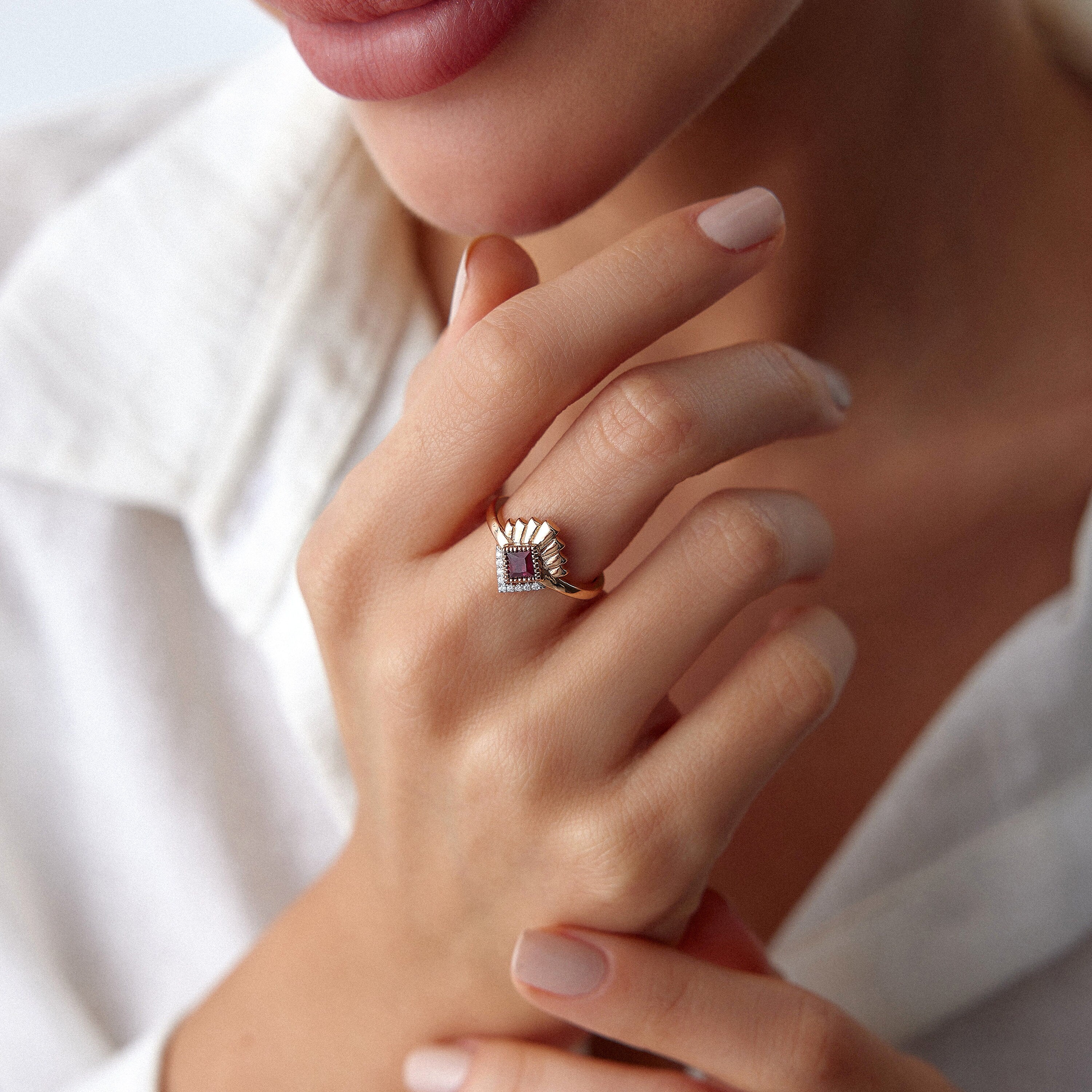 Princess Cut Ruby and Diamond Ring in 14K Gold